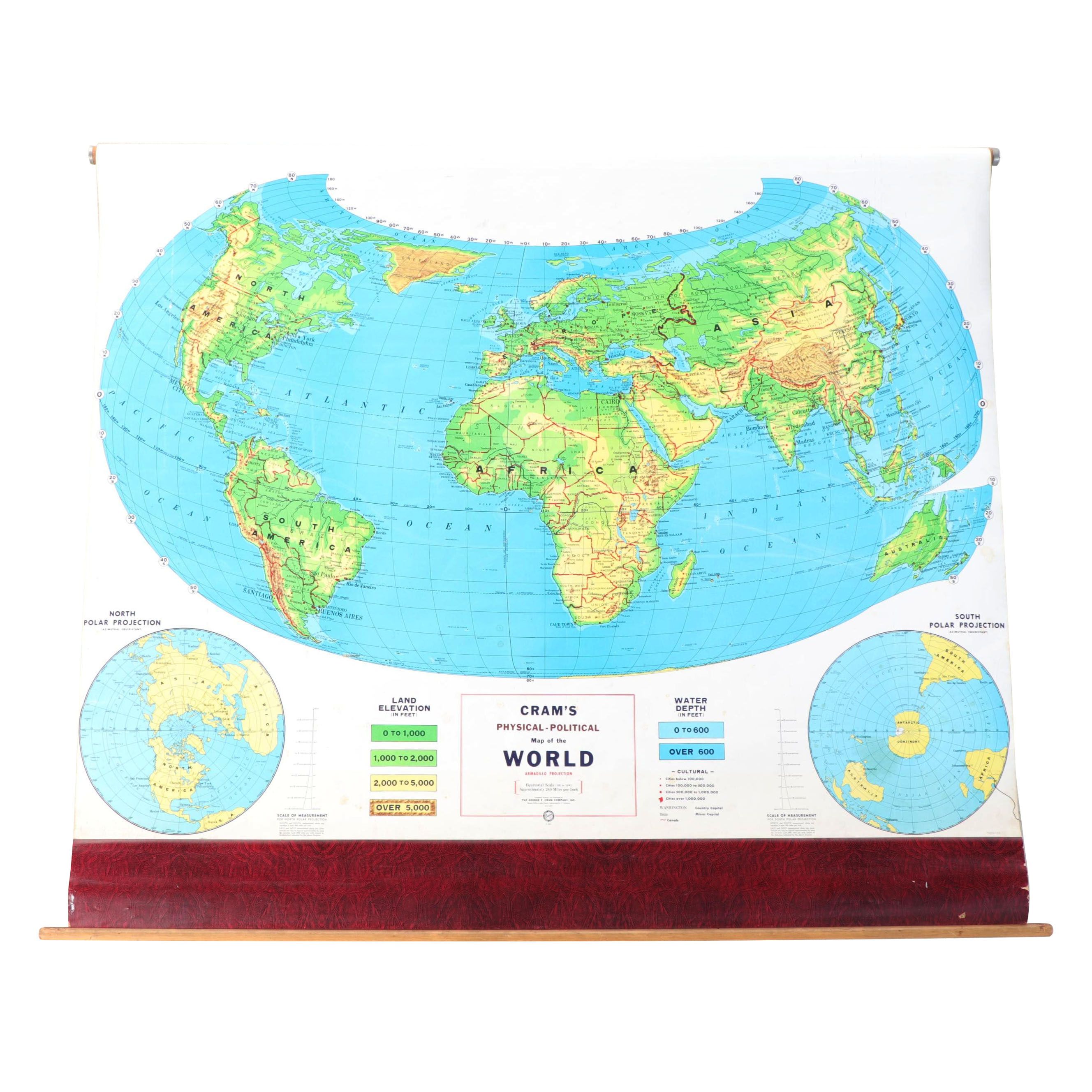 Cram's Physical-Political Map of the World Classroom Pull Down Map, Mid-20th C.