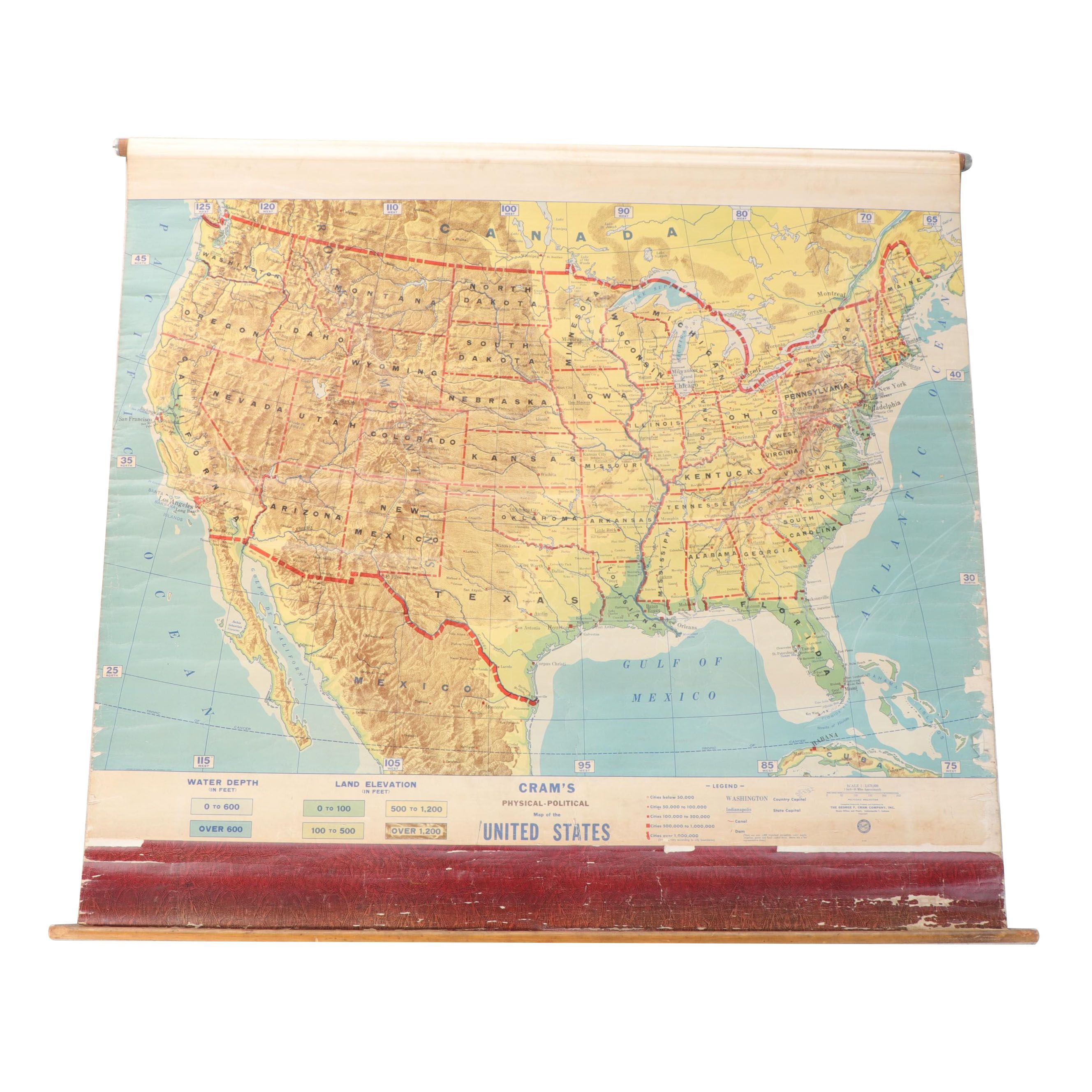 Cram's Physical-Political Map of the United States Classroom Pull Down Map