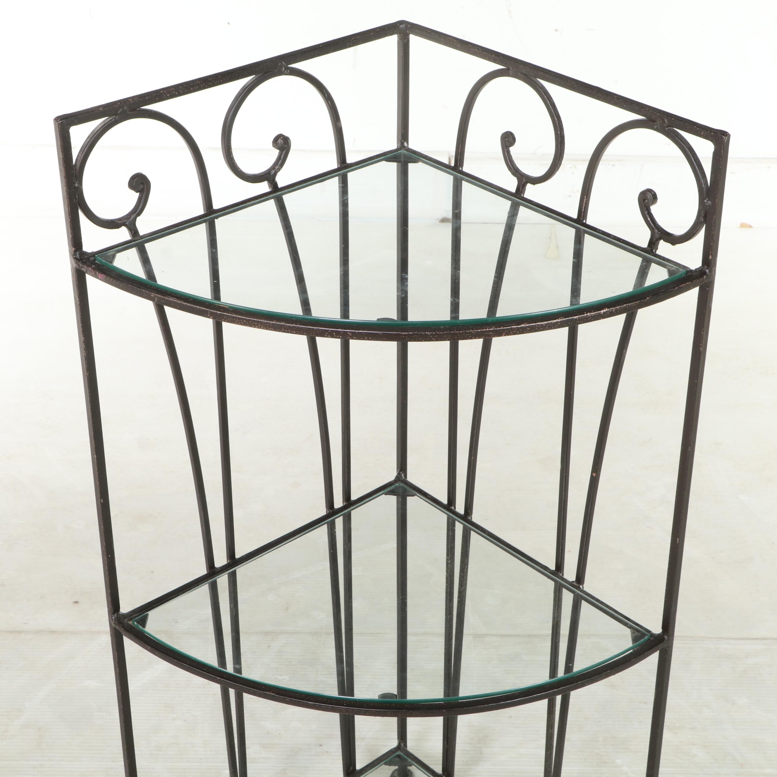 Iron and Glass Three-Tier Corner Shelf