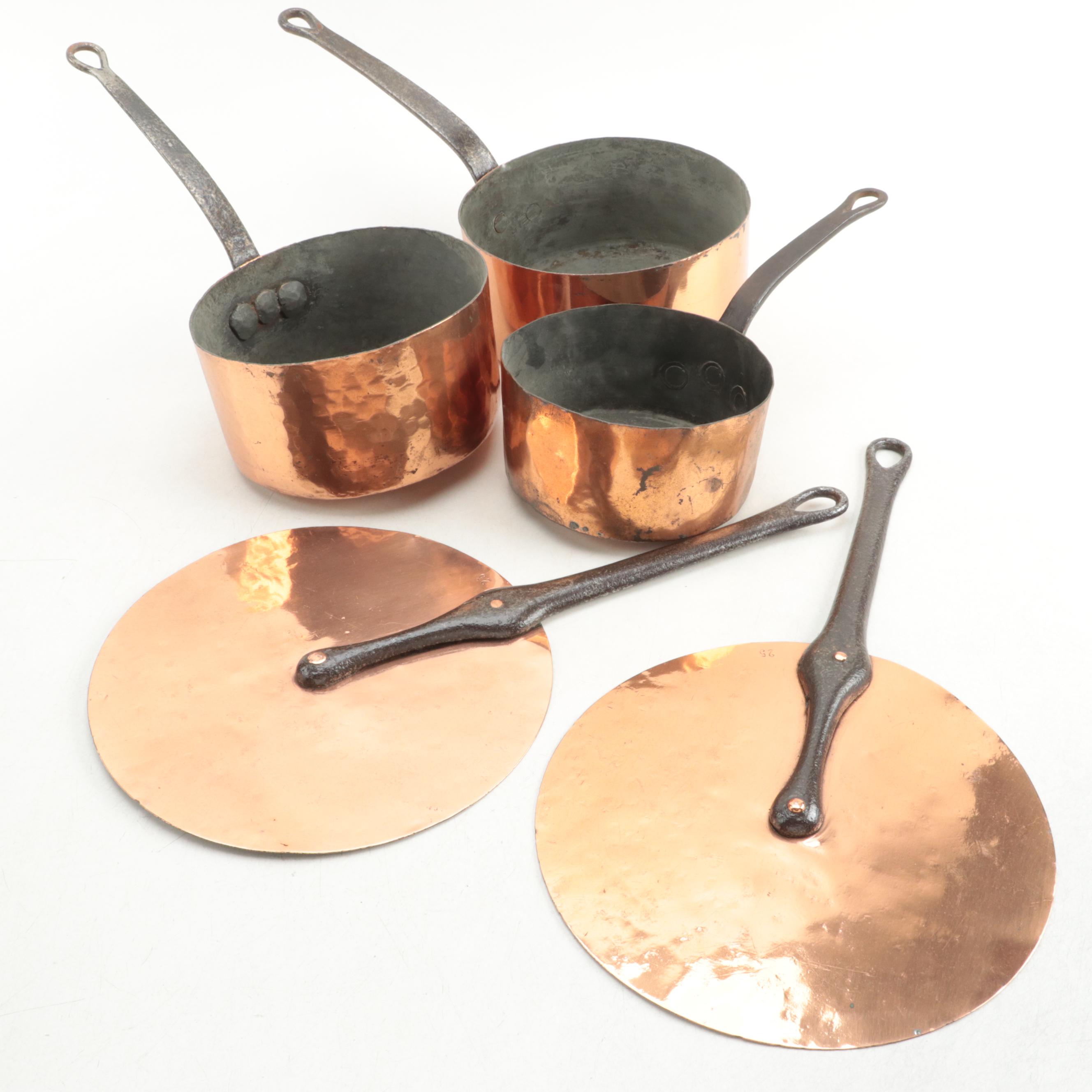 Cast Iron Handled Copper Cooking Pots and  French Style Flat Lids