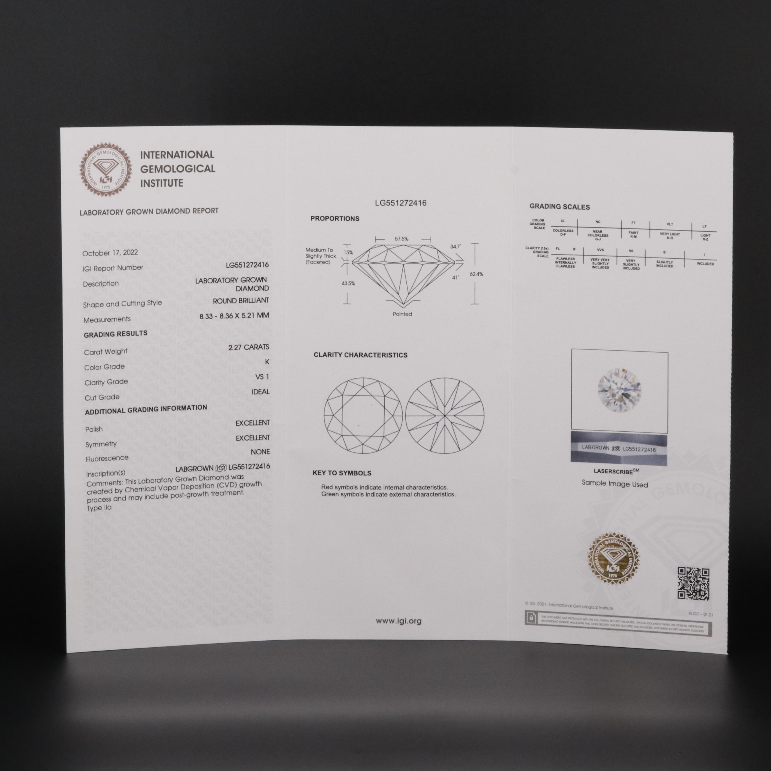 Loose 2.27 CT Lab Grown Diamond with IGI Report
