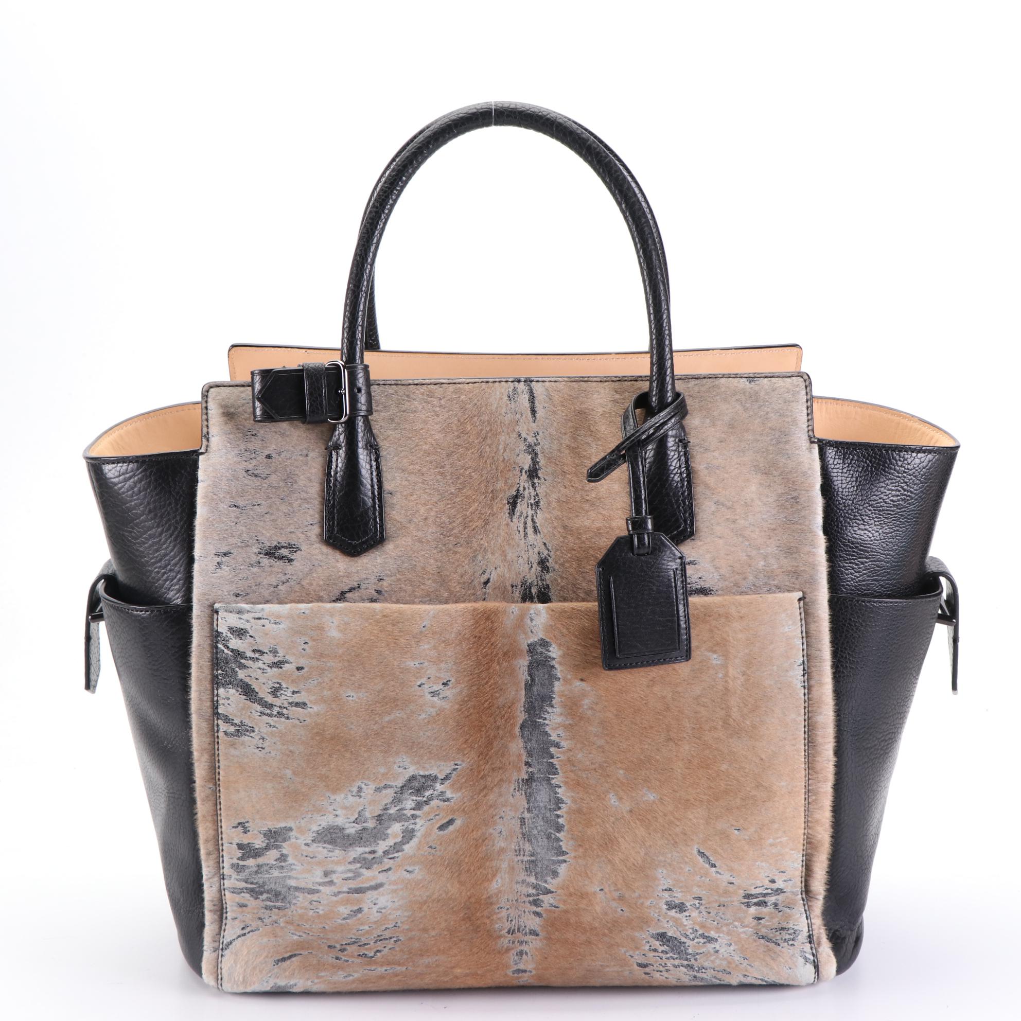 Reed Krakoff Large Atlantique Tote Bag in Black Leather/Distressed Calf Hair