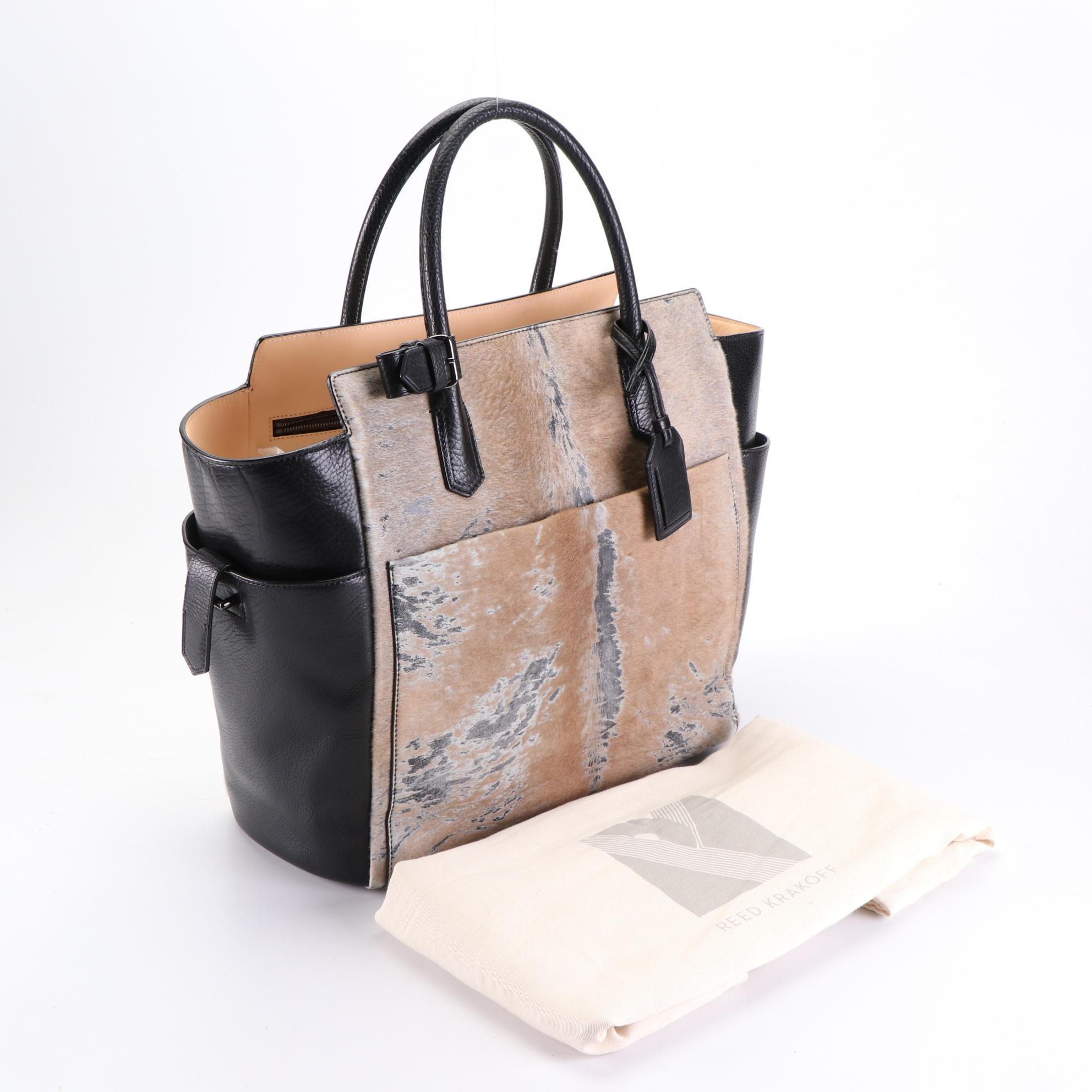 Reed Krakoff Large Atlantique Tote Bag in Black Leather/Distressed Calf Hair