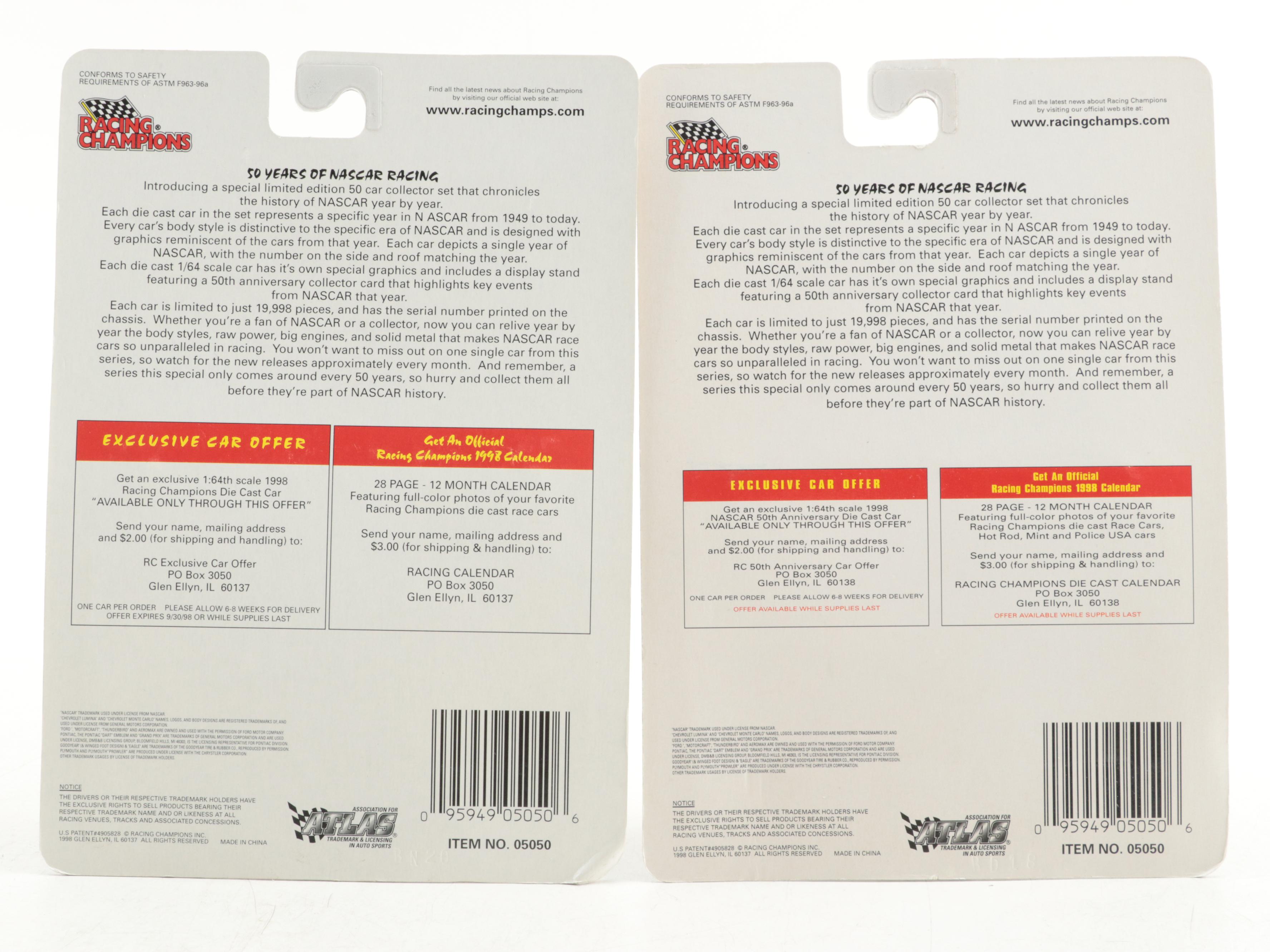 Racing Champions NASCAR 50th Anniversary Diecast Cars with Collector Cards