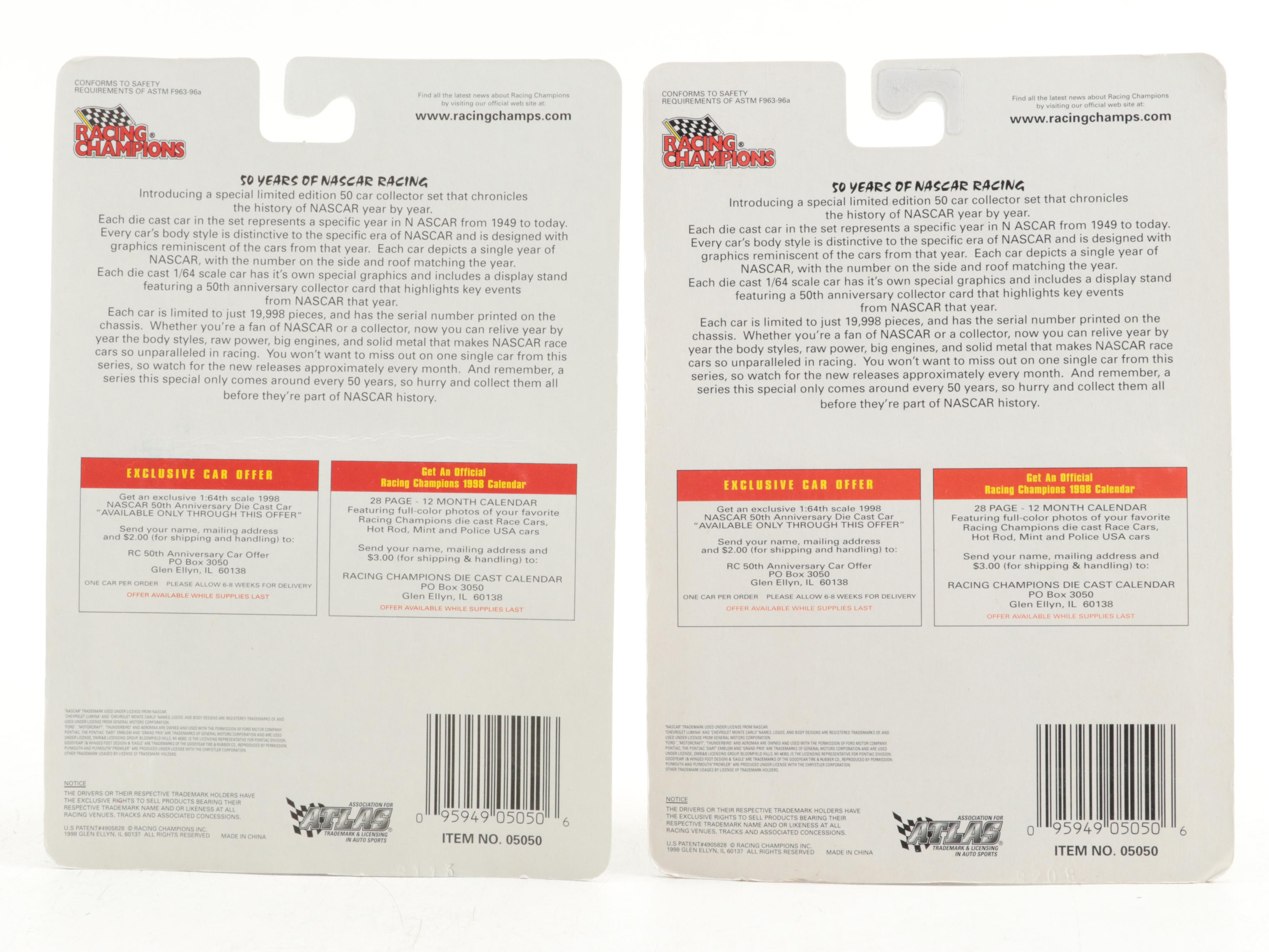 Racing Champions NASCAR 50th Anniversary Diecast Cars with Collector Cards