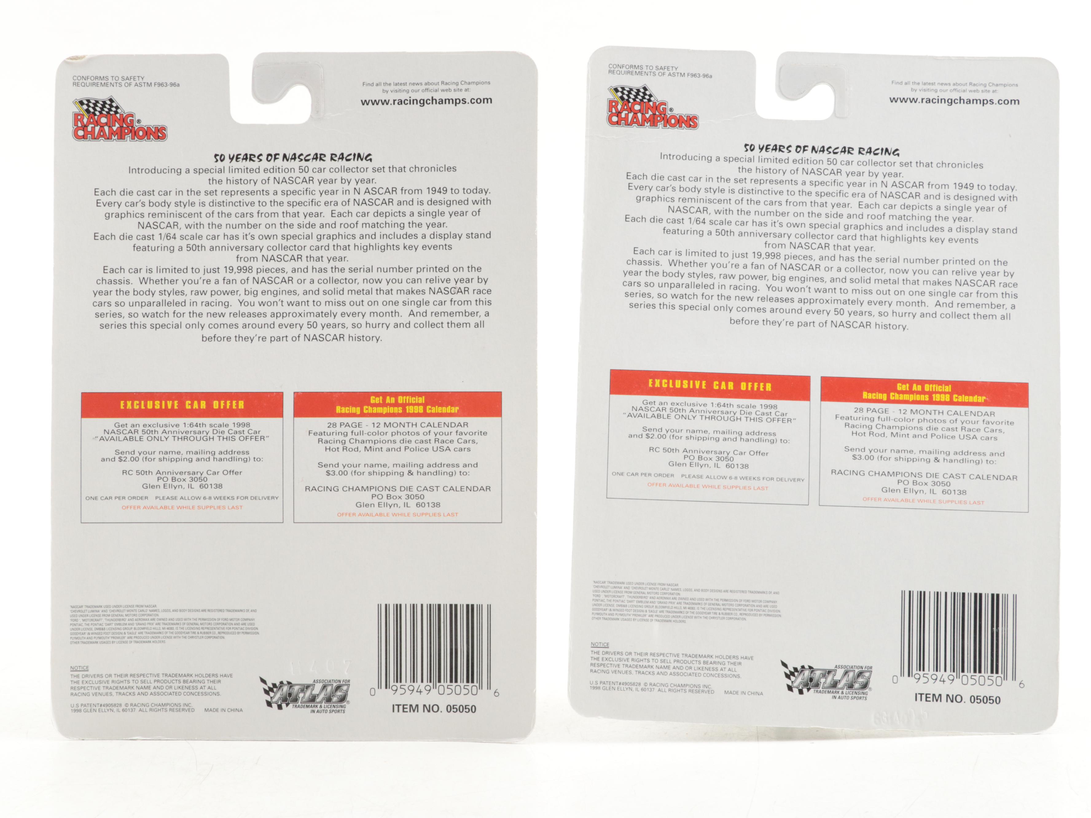 Racing Champions NASCAR 50th Anniversary Diecast Cars with Collector Cards