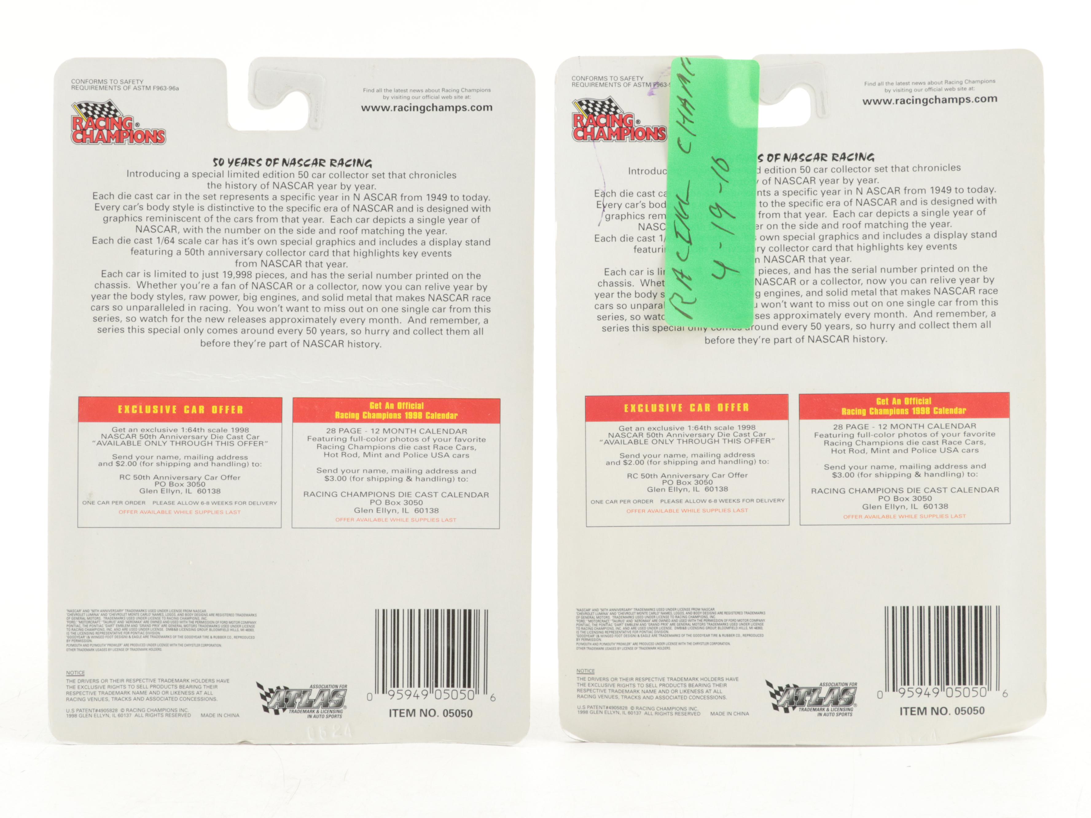 Racing Champions NASCAR 50th Anniversary Diecast Cars with Collector Cards