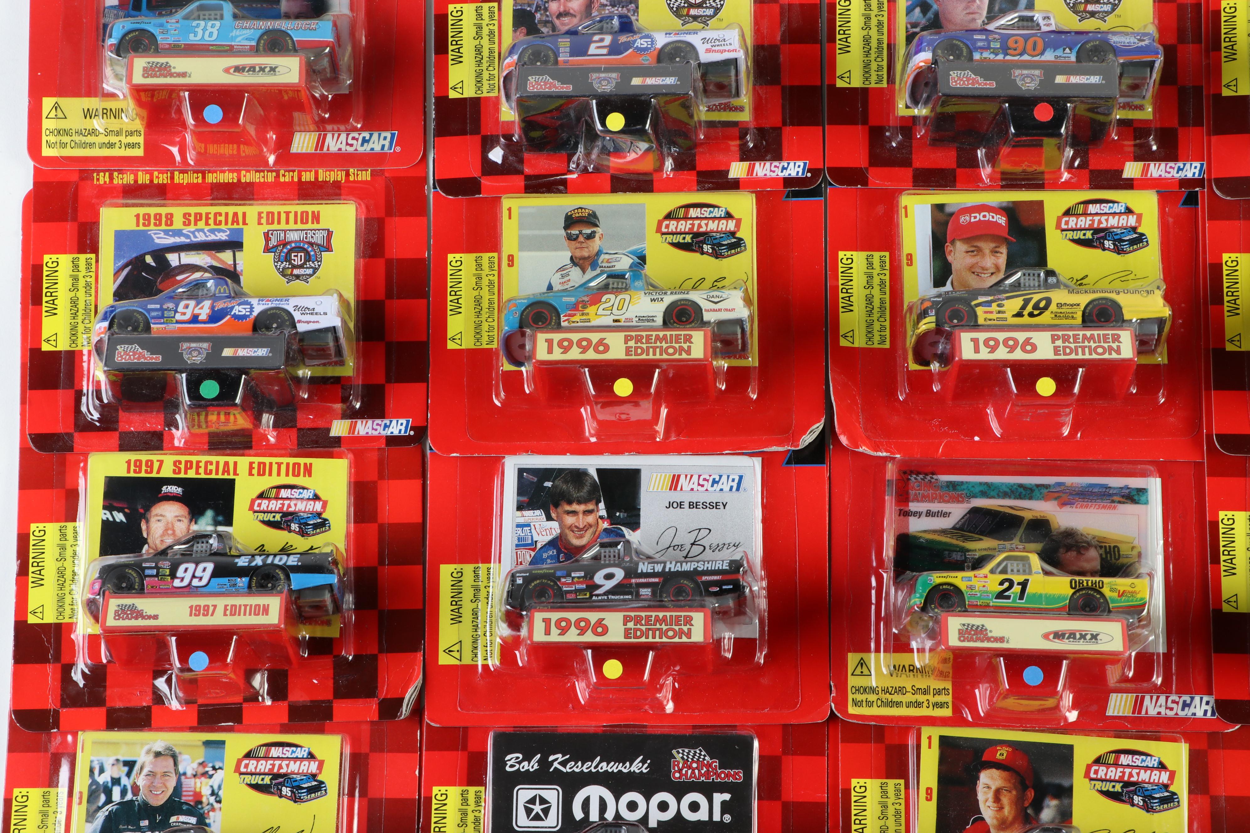 Racing Champions NASCAR Diecast Trucks with Cards and Display Stands