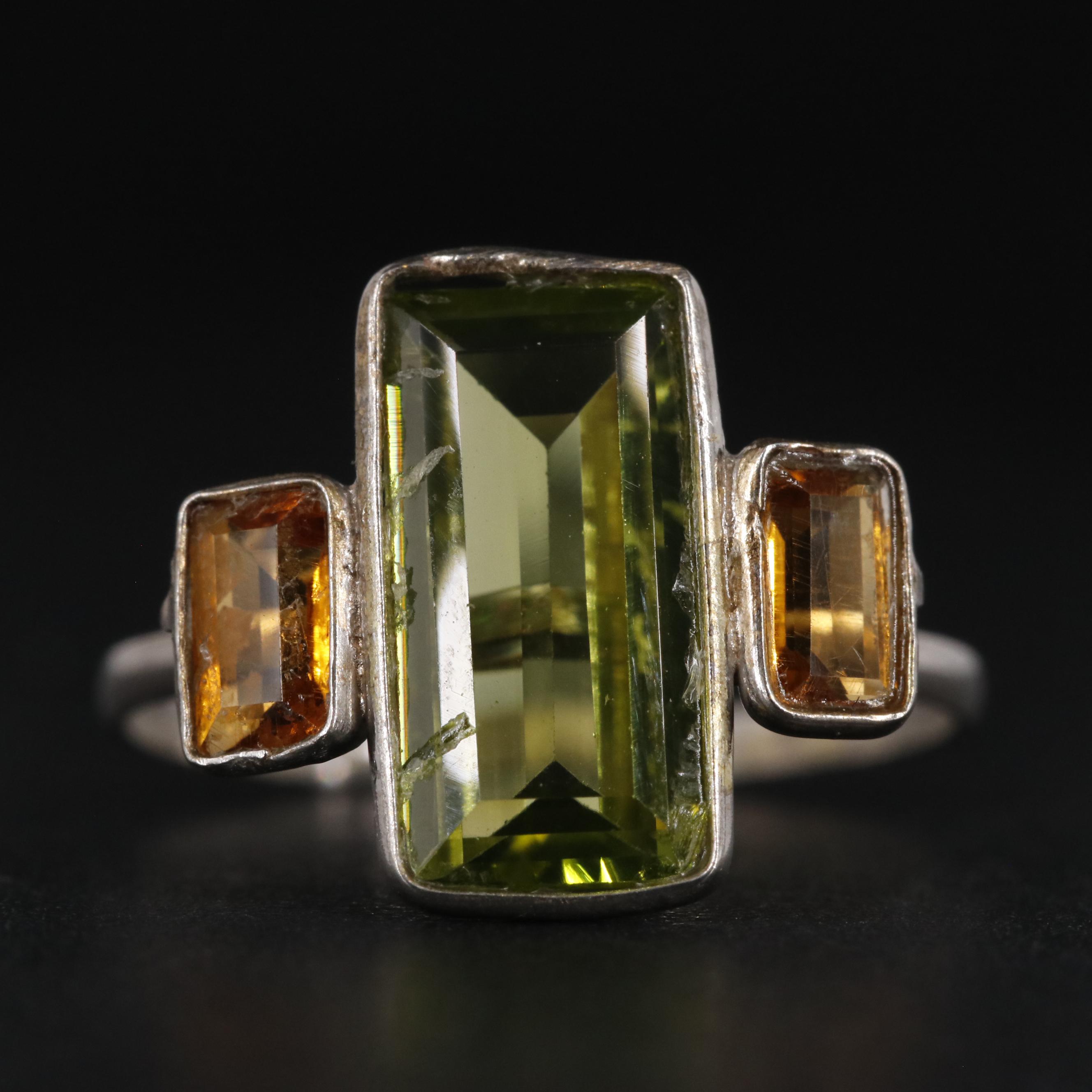 14K Peridot and Citrine Three Stone Ring