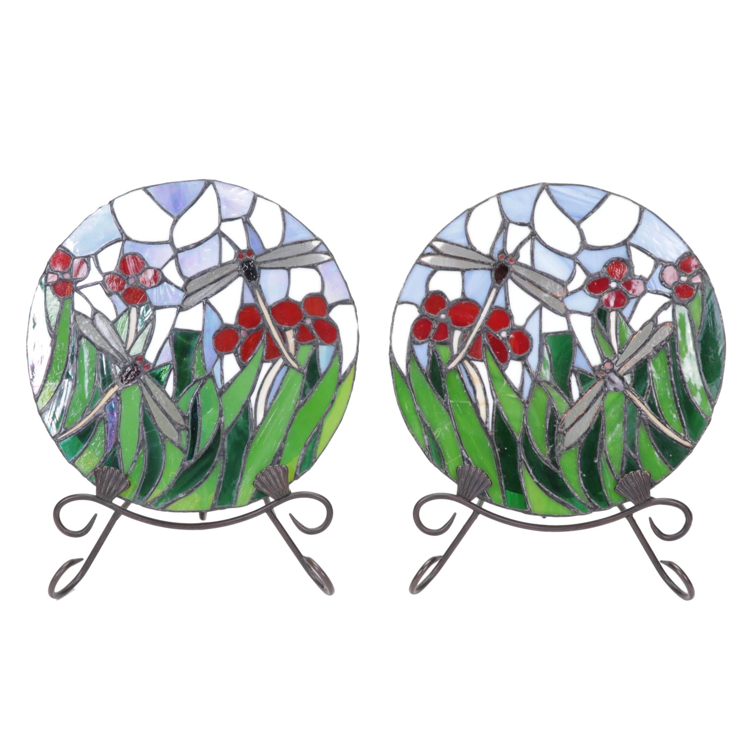 Pair of Dragonfly Slag Glass Tabletop Night Lights