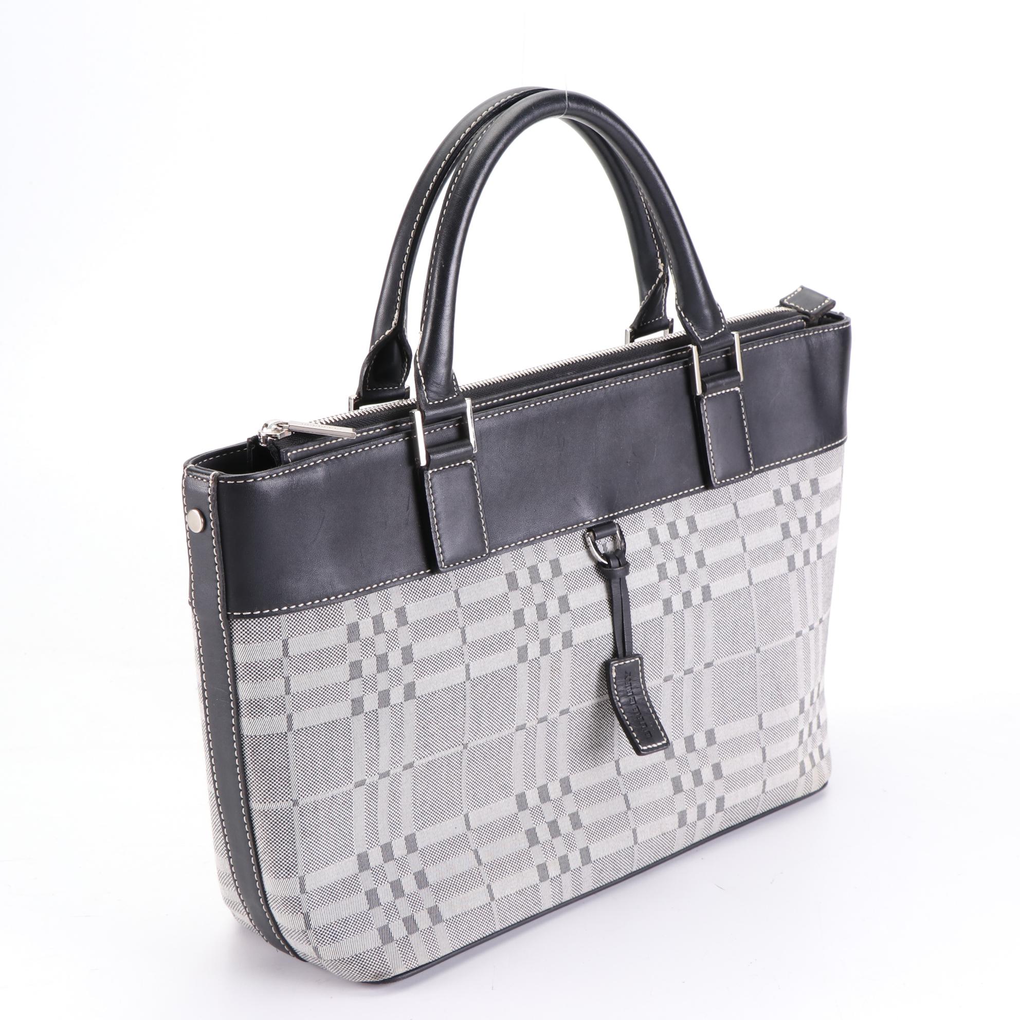 Burberry Tote Bag in Check Canvas and Contrast-Stitched Leather
