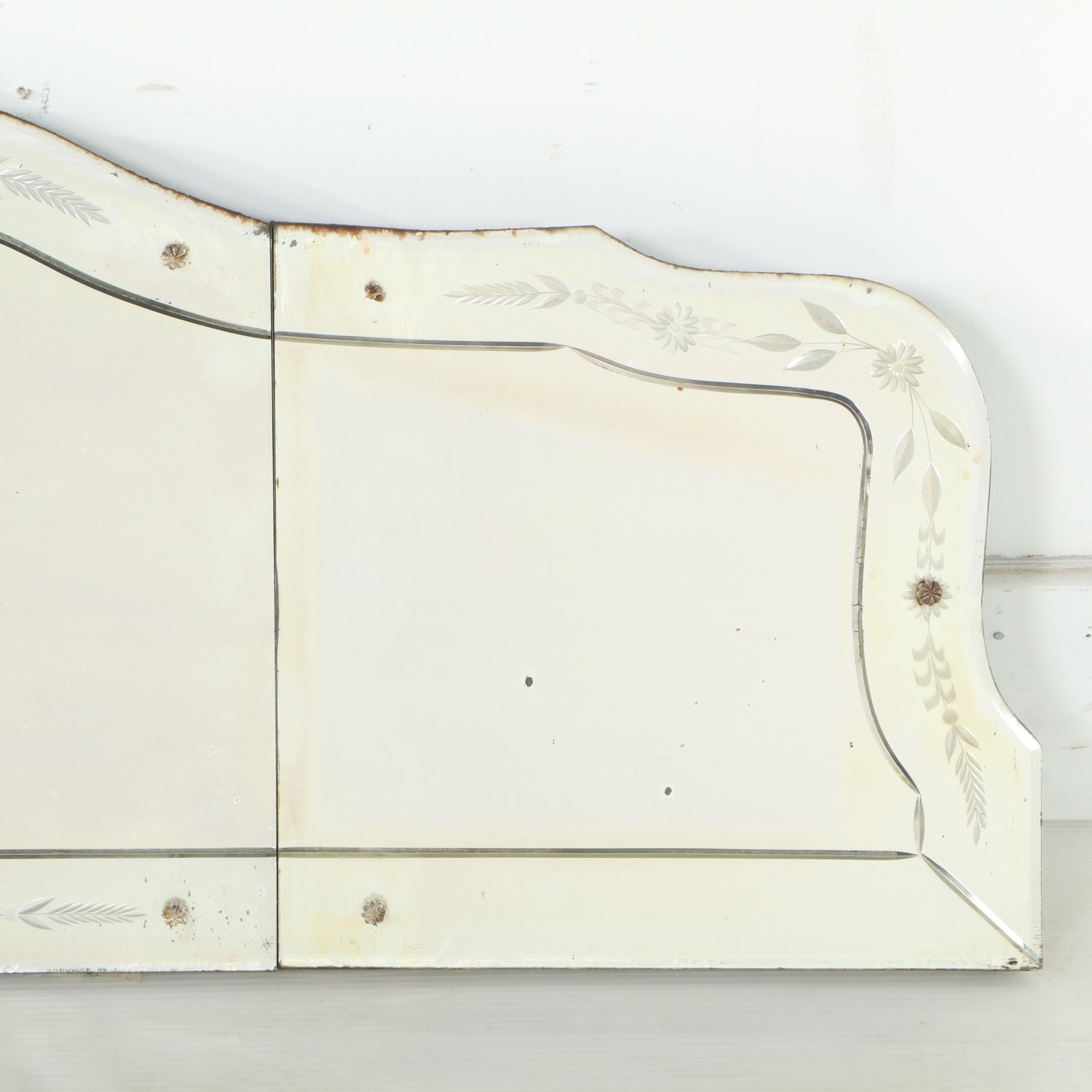 Reverse-Etched & Beveled Glass Triple-Pane Overmantel MIrror, Early 20th Century