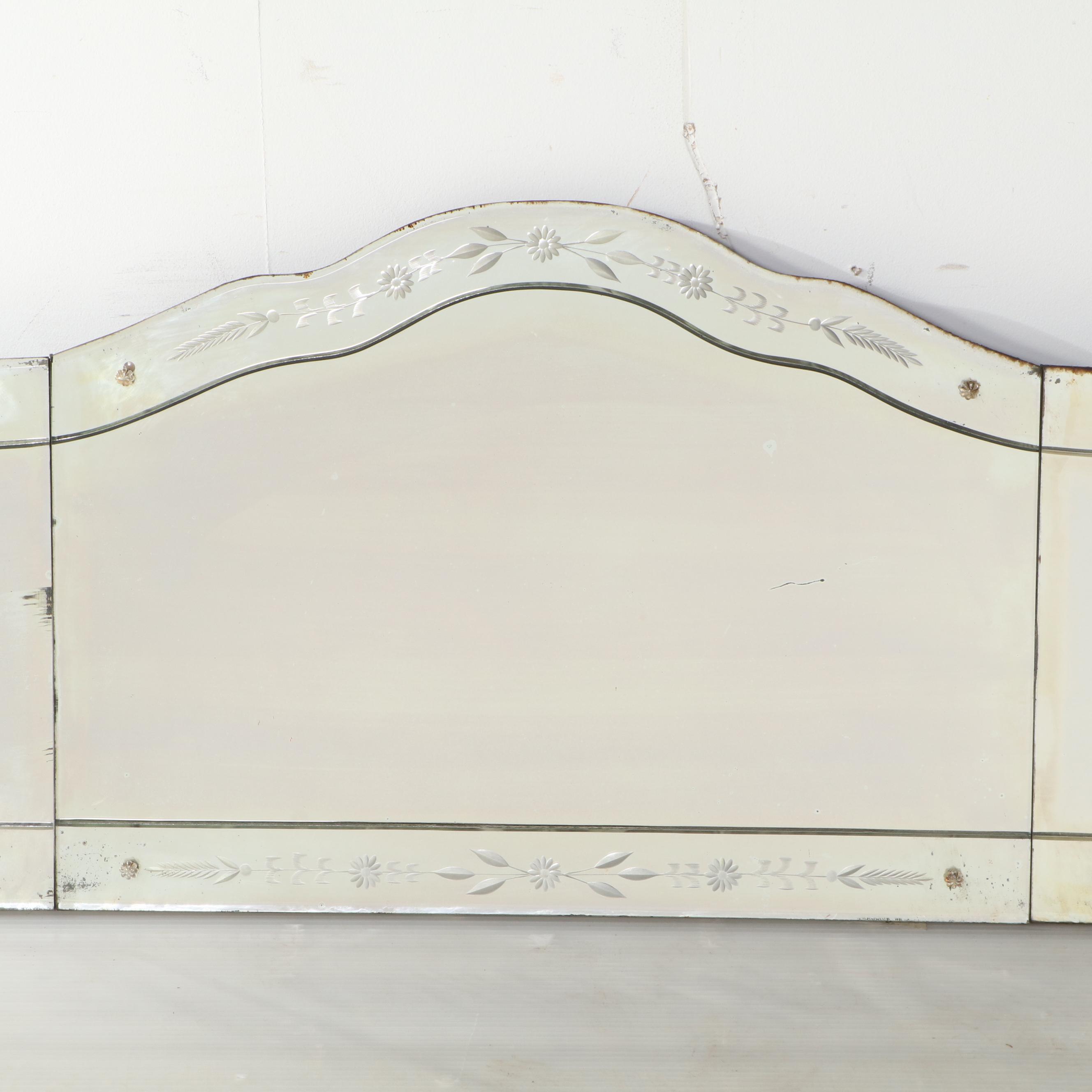 Reverse-Etched & Beveled Glass Triple-Pane Overmantel MIrror, Early 20th Century