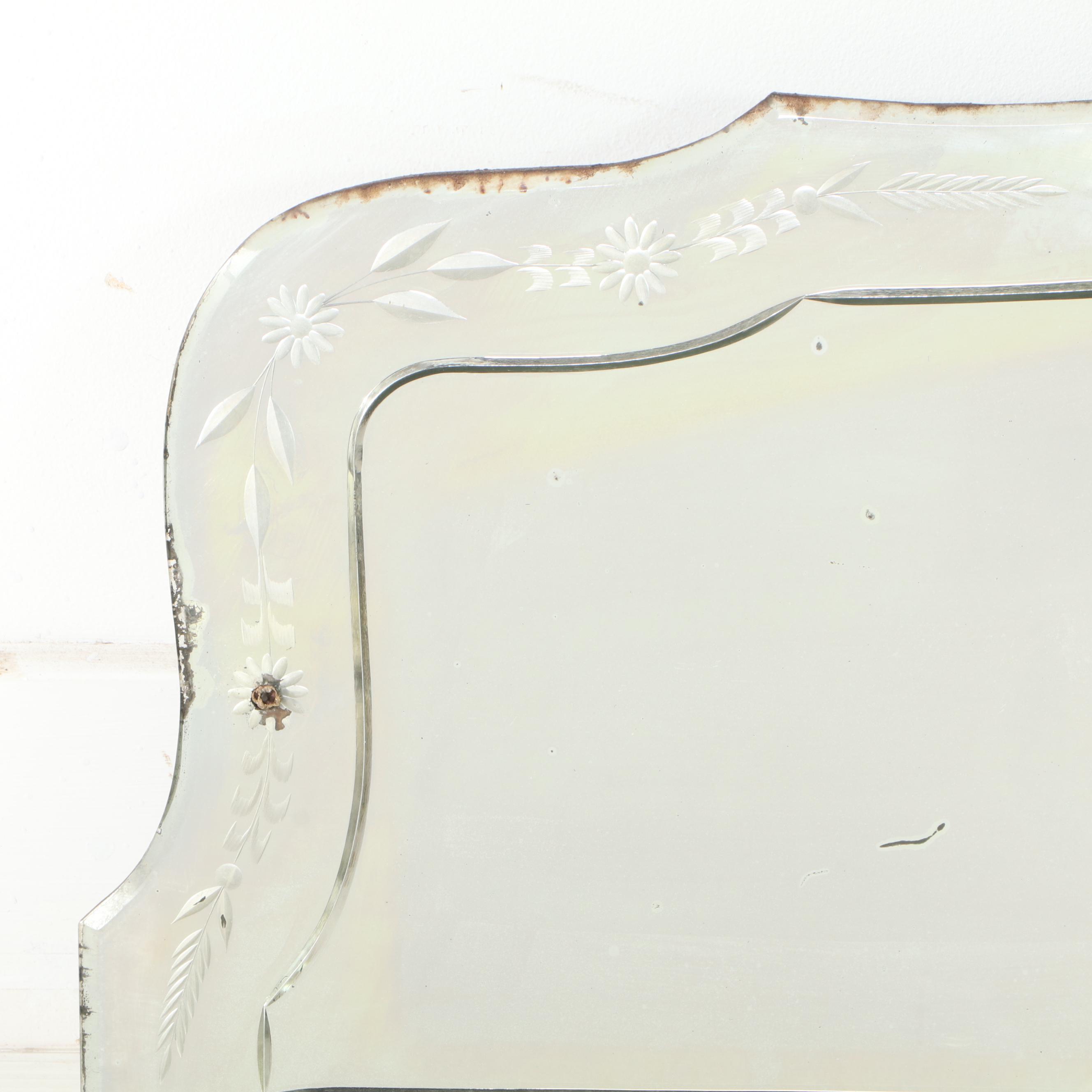 Reverse-Etched & Beveled Glass Triple-Pane Overmantel MIrror, Early 20th Century