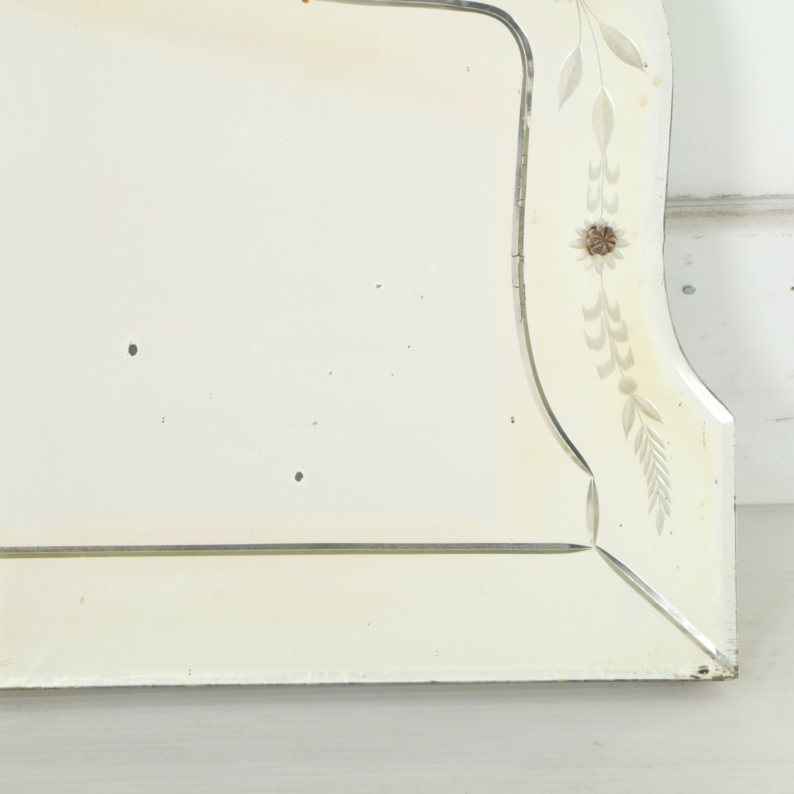 Reverse-Etched & Beveled Glass Triple-Pane Overmantel MIrror, Early 20th Century