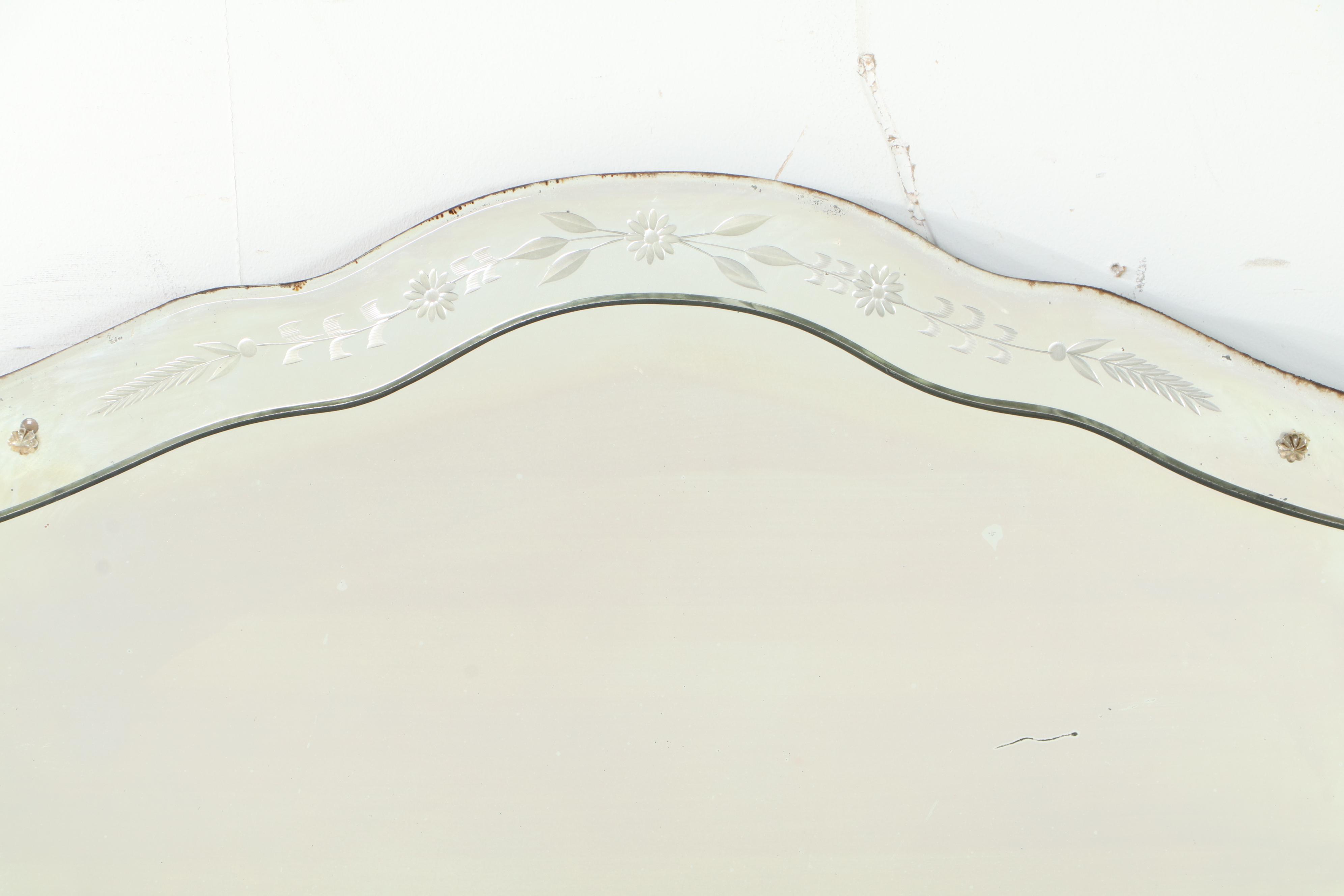 Reverse-Etched & Beveled Glass Triple-Pane Overmantel MIrror, Early 20th Century