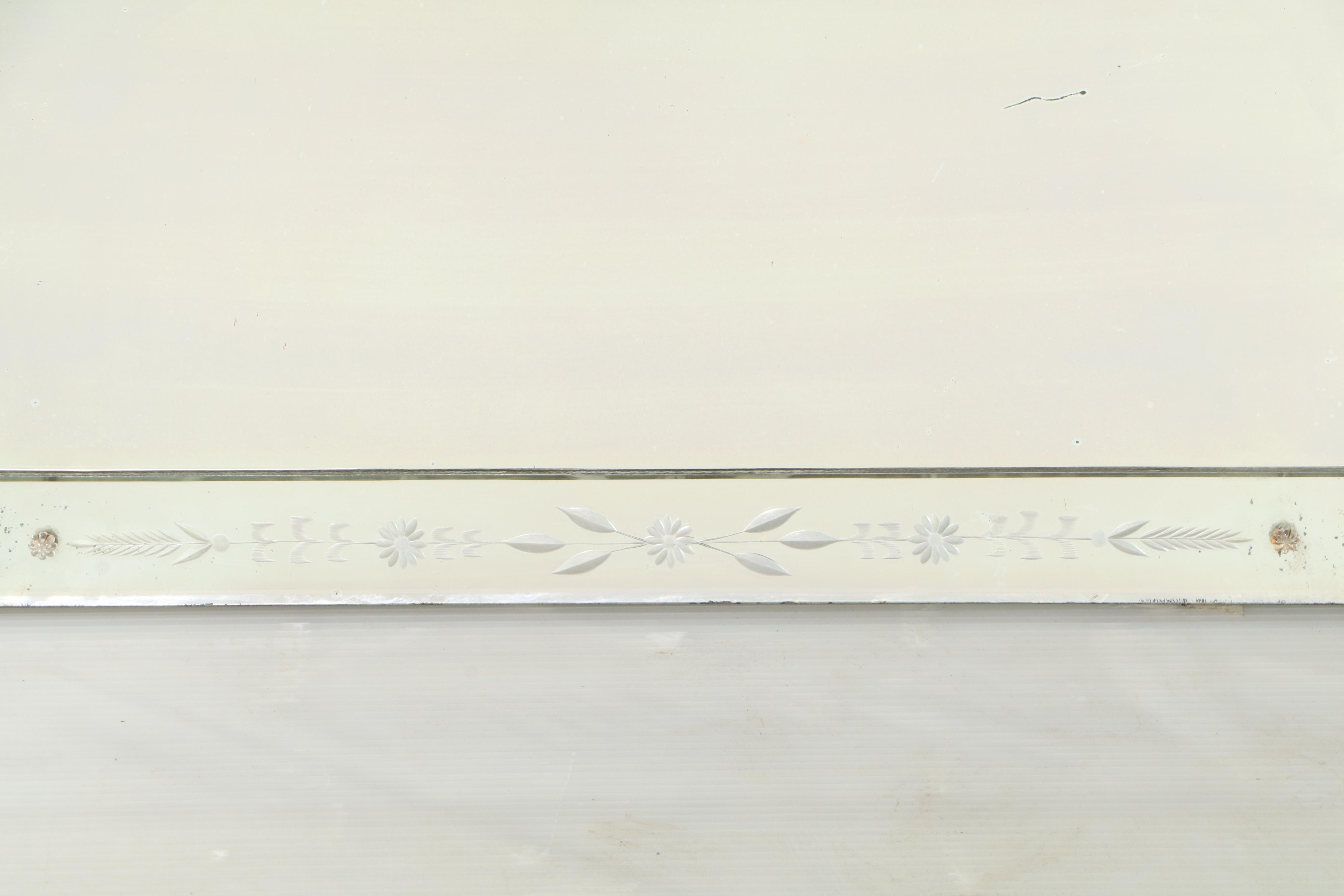 Reverse-Etched & Beveled Glass Triple-Pane Overmantel MIrror, Early 20th Century