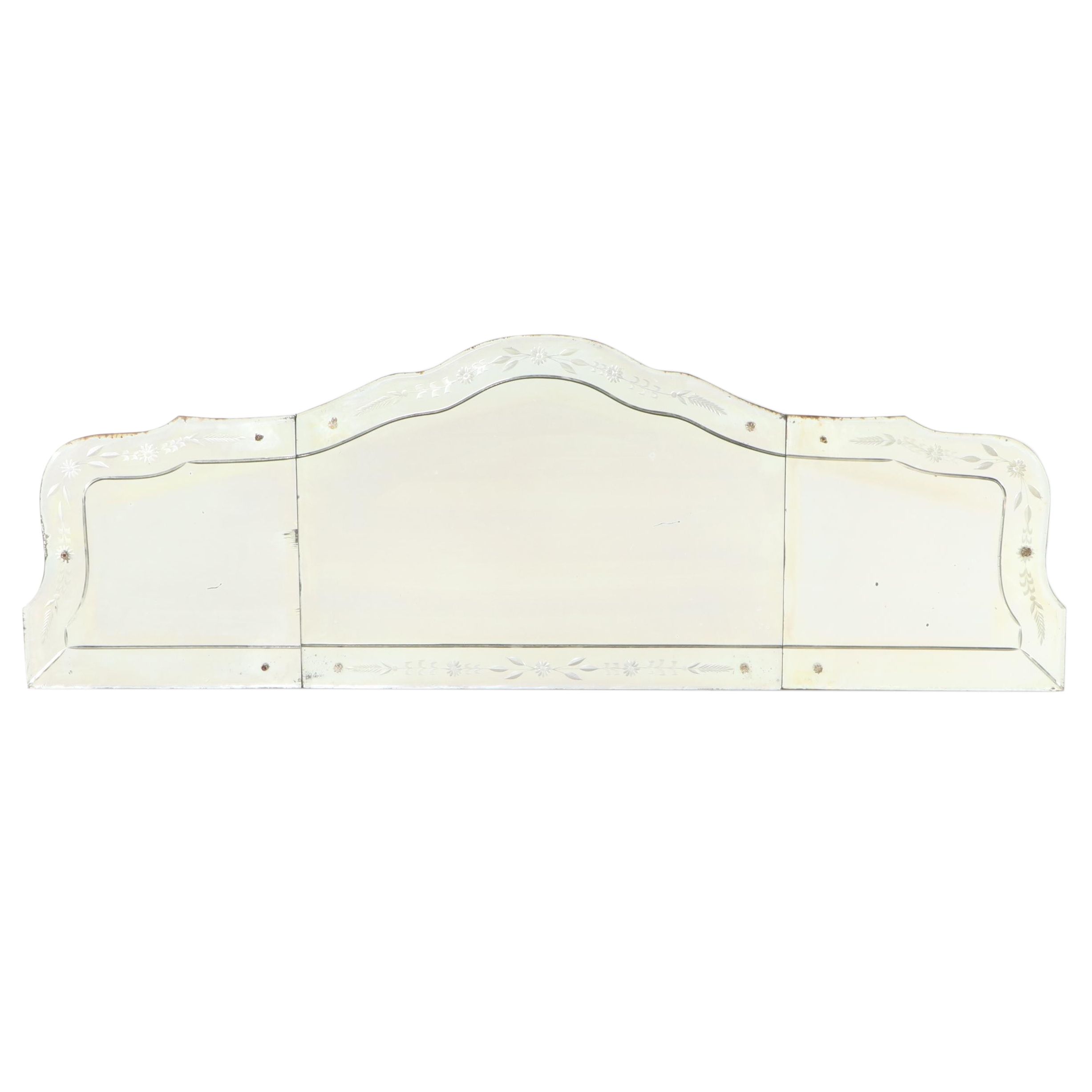 Reverse-Etched & Beveled Glass Triple-Pane Overmantel MIrror, Early 20th Century