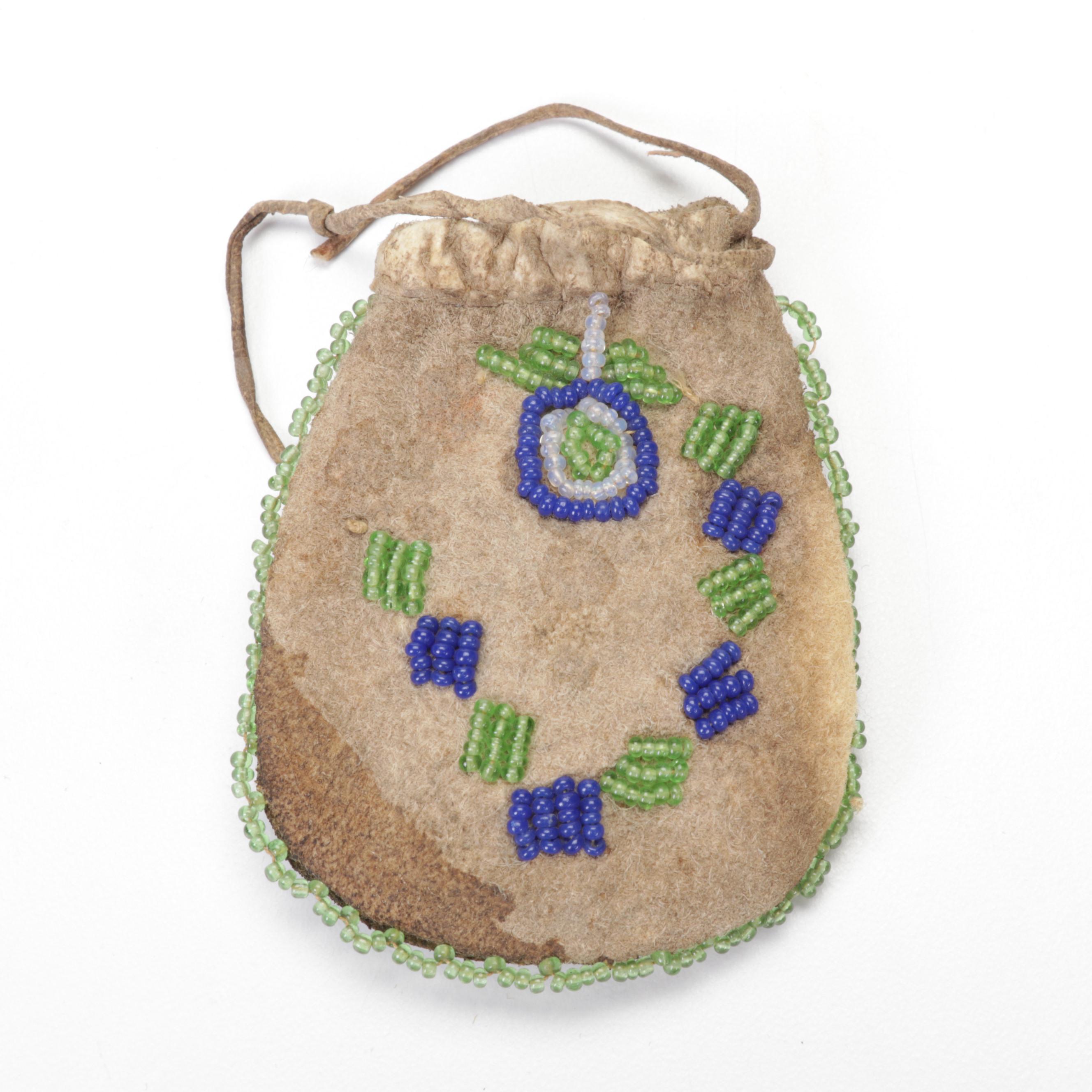 Native American Beaded Buckskin Umbilical Cord Pouch, Projectile Points, & More