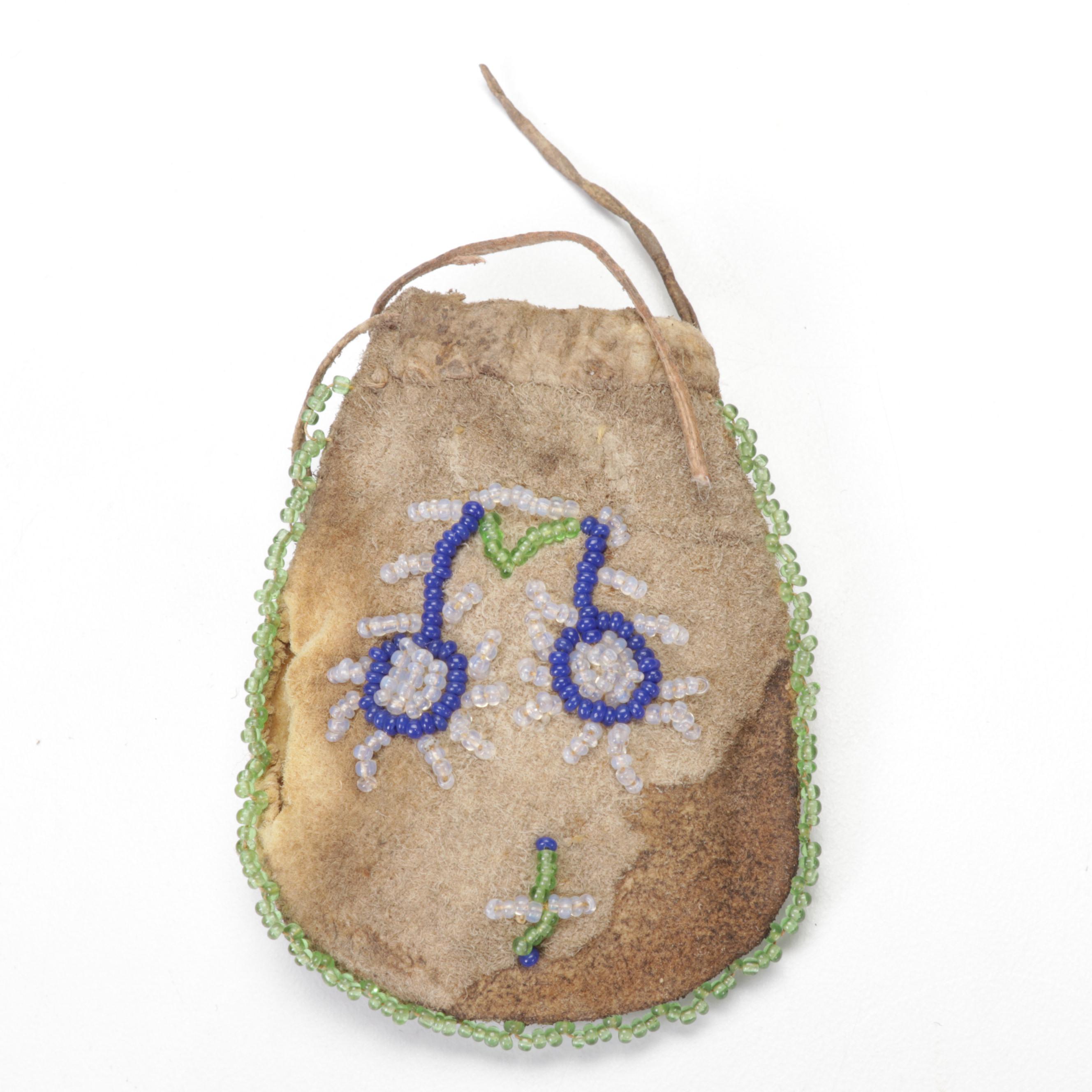 Native American Beaded Buckskin Umbilical Cord Pouch, Projectile Points, & More