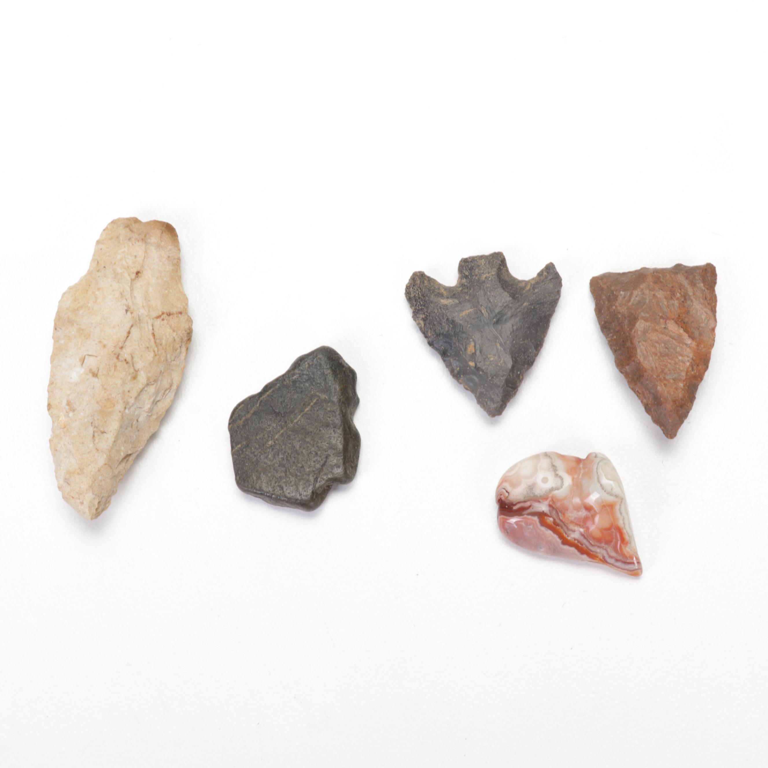 Native American Beaded Buckskin Umbilical Cord Pouch, Projectile Points, & More