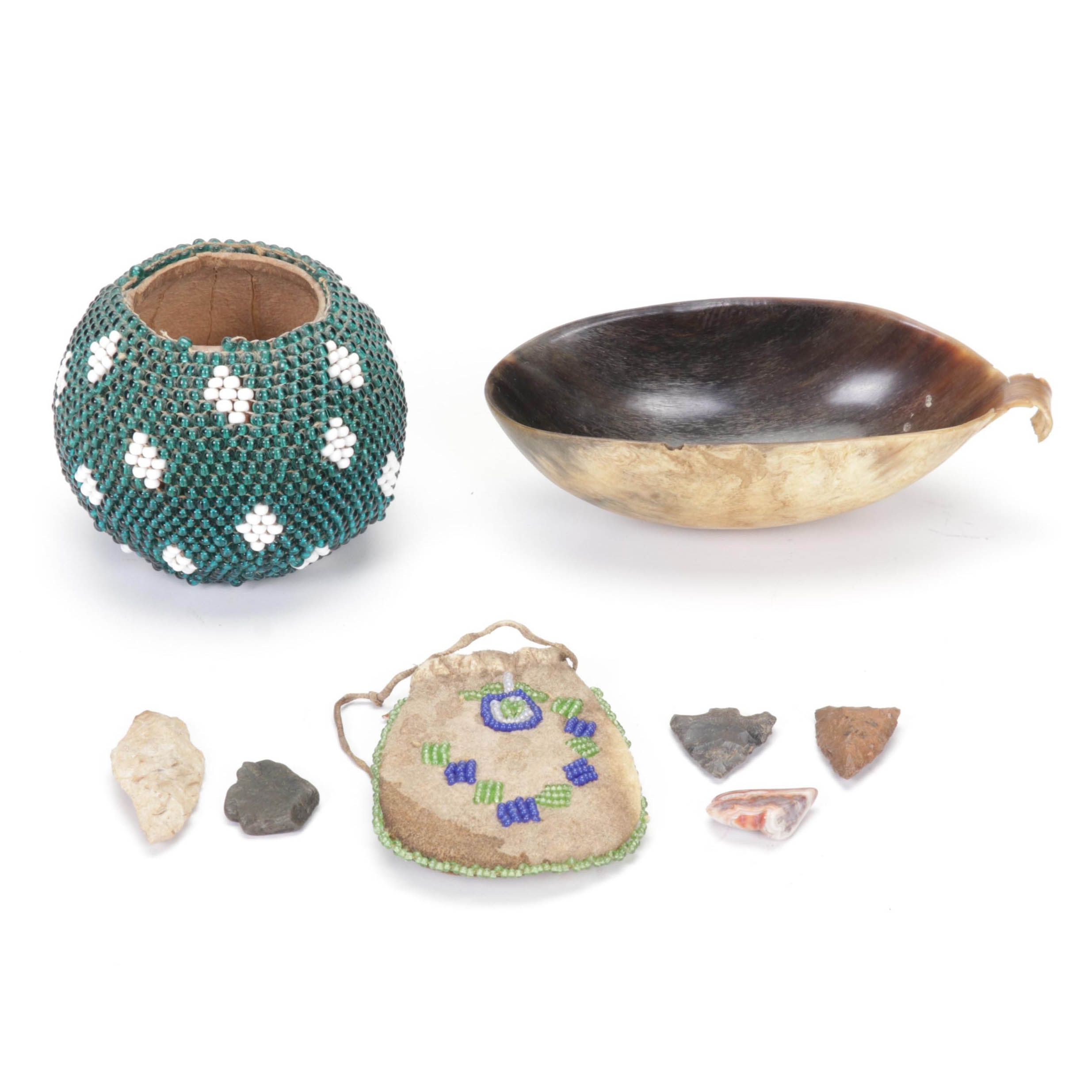 Native American Beaded Buckskin Umbilical Cord Pouch, Projectile Points, & More