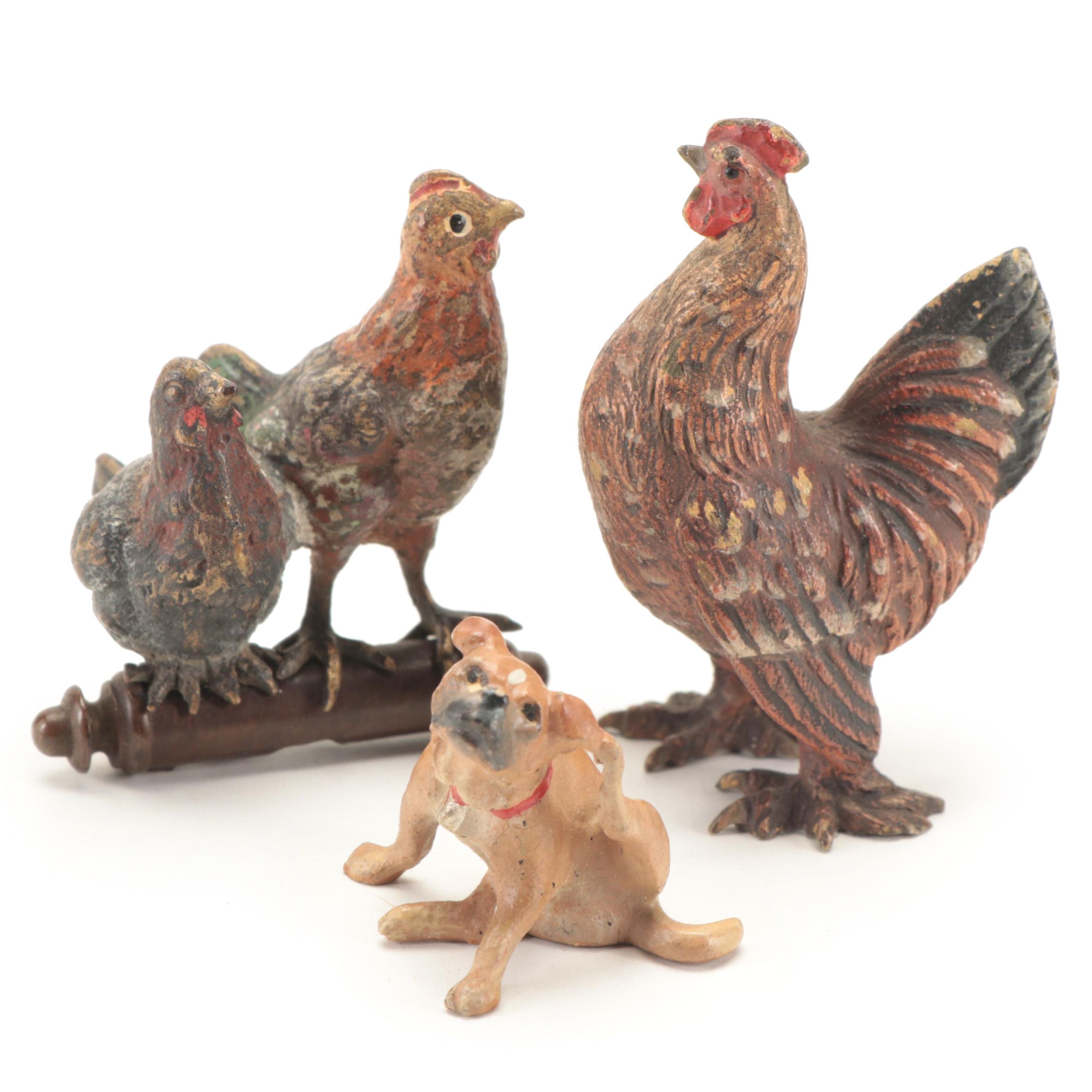 Cold Painted Austrian Bronzes with Hens, Rooster and Scratching Dog, Late 19th C