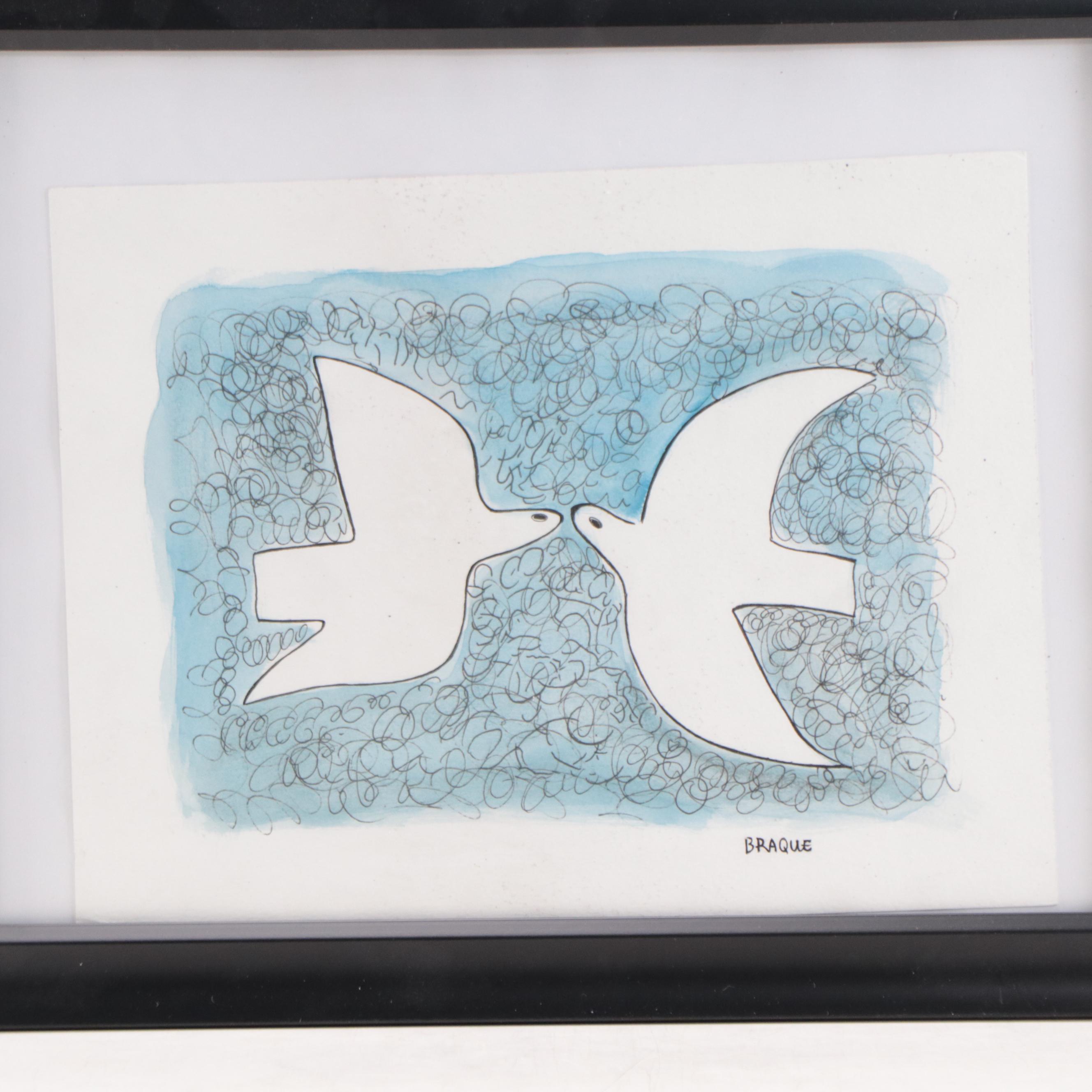 Ink and Watercolor Drawing After Georges Braque "Doves"
