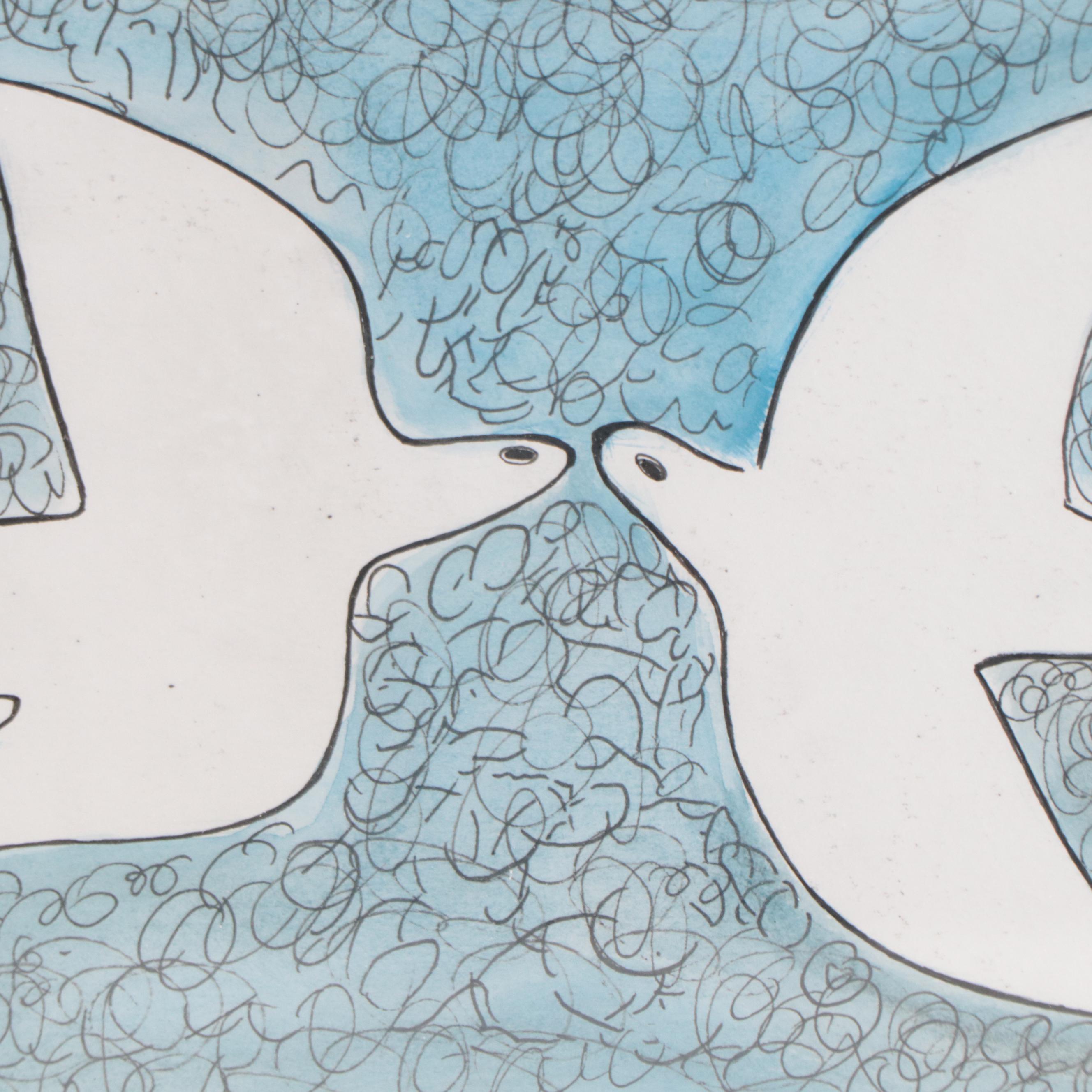 Ink and Watercolor Drawing After Georges Braque "Doves"