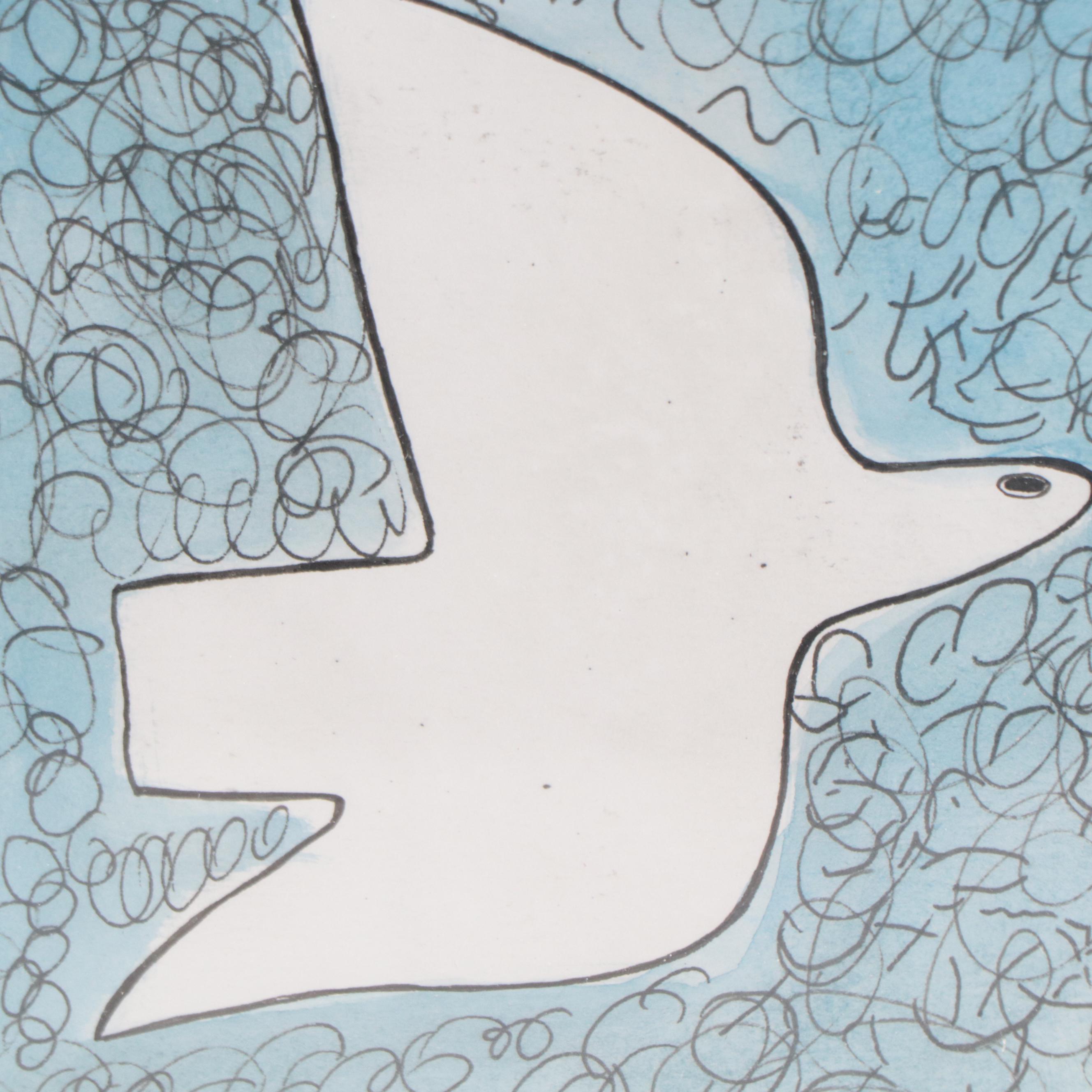 Ink and Watercolor Drawing After Georges Braque "Doves"