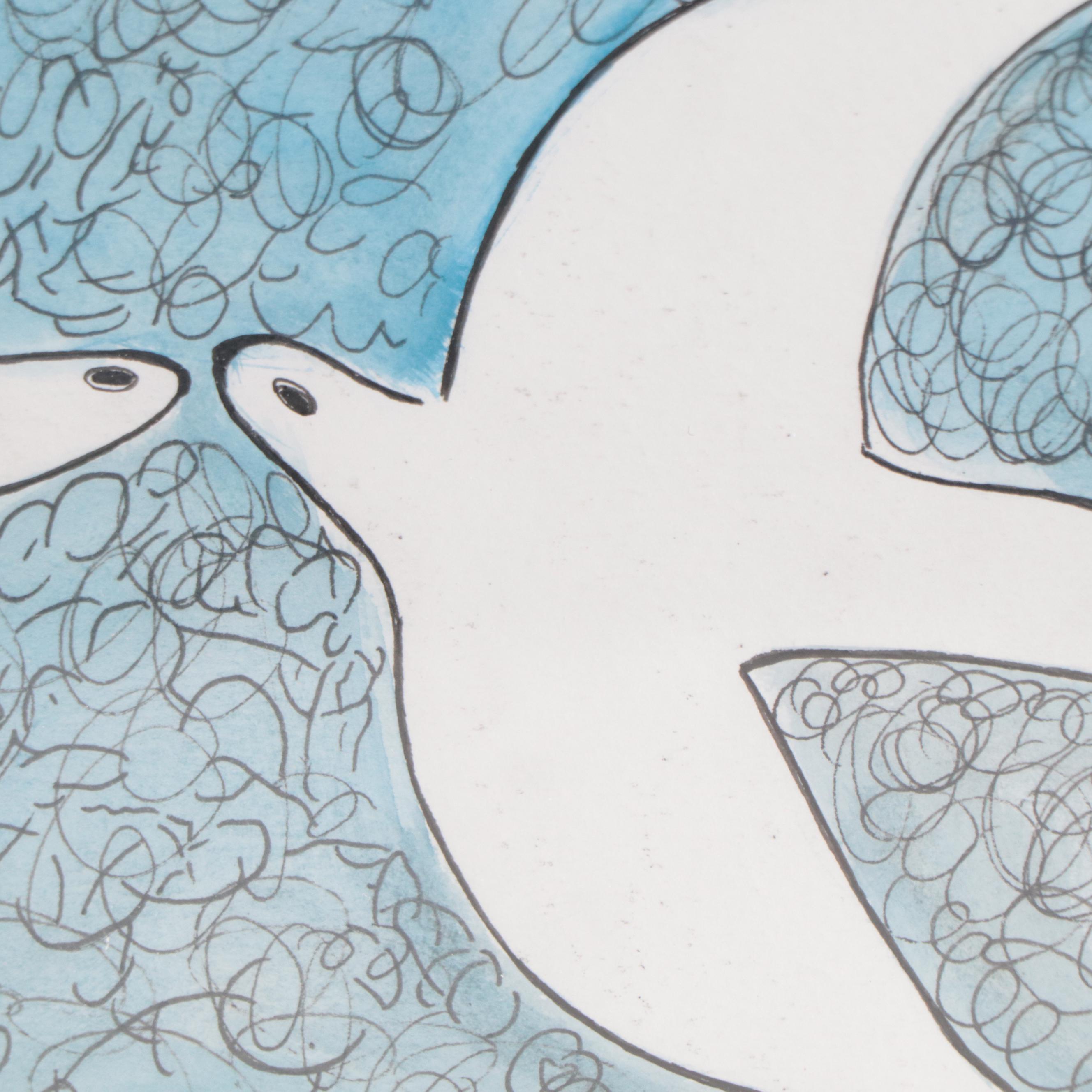 Ink and Watercolor Drawing After Georges Braque "Doves"