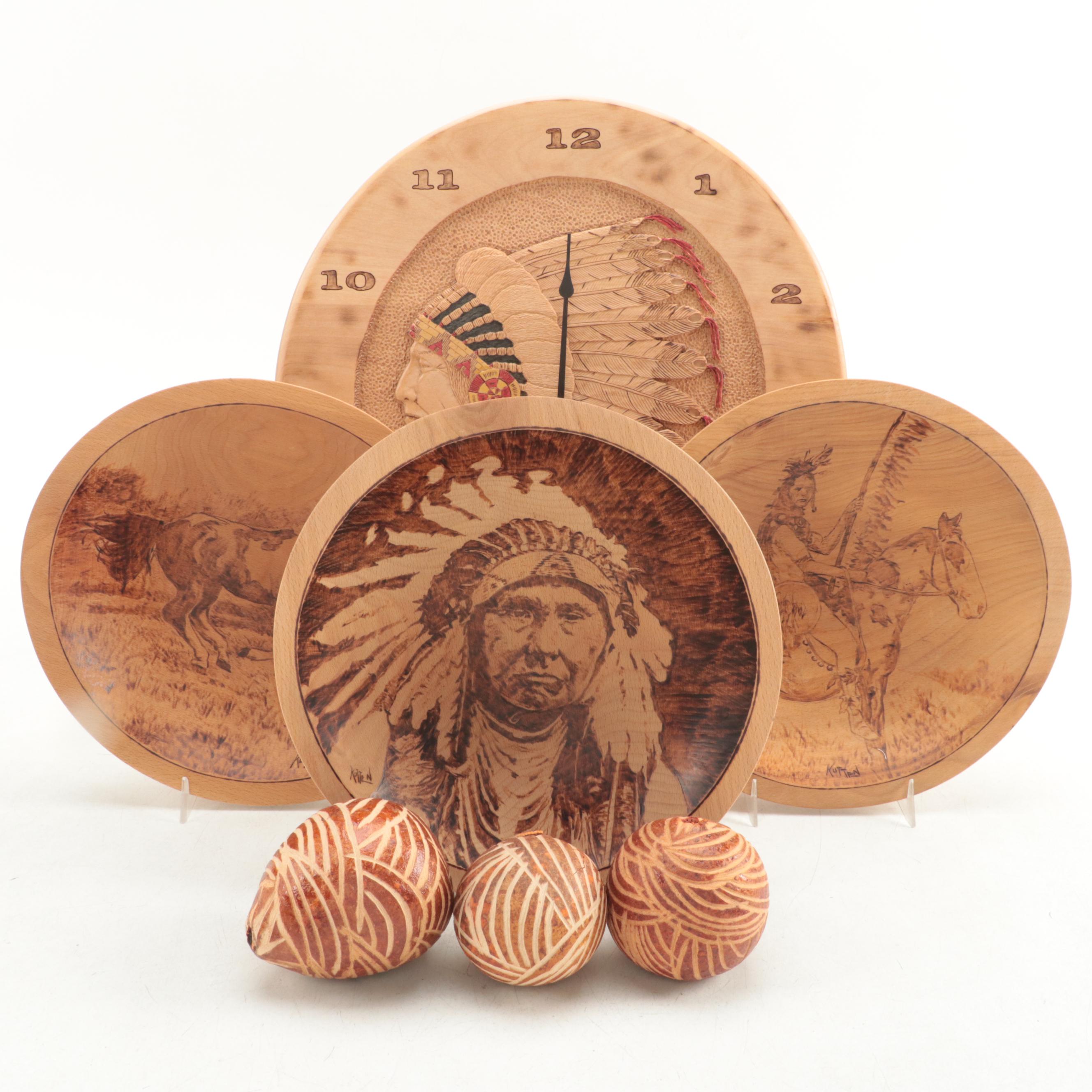 Pyrography Wooden Clock and Bowls with Other Carved Wood Décor