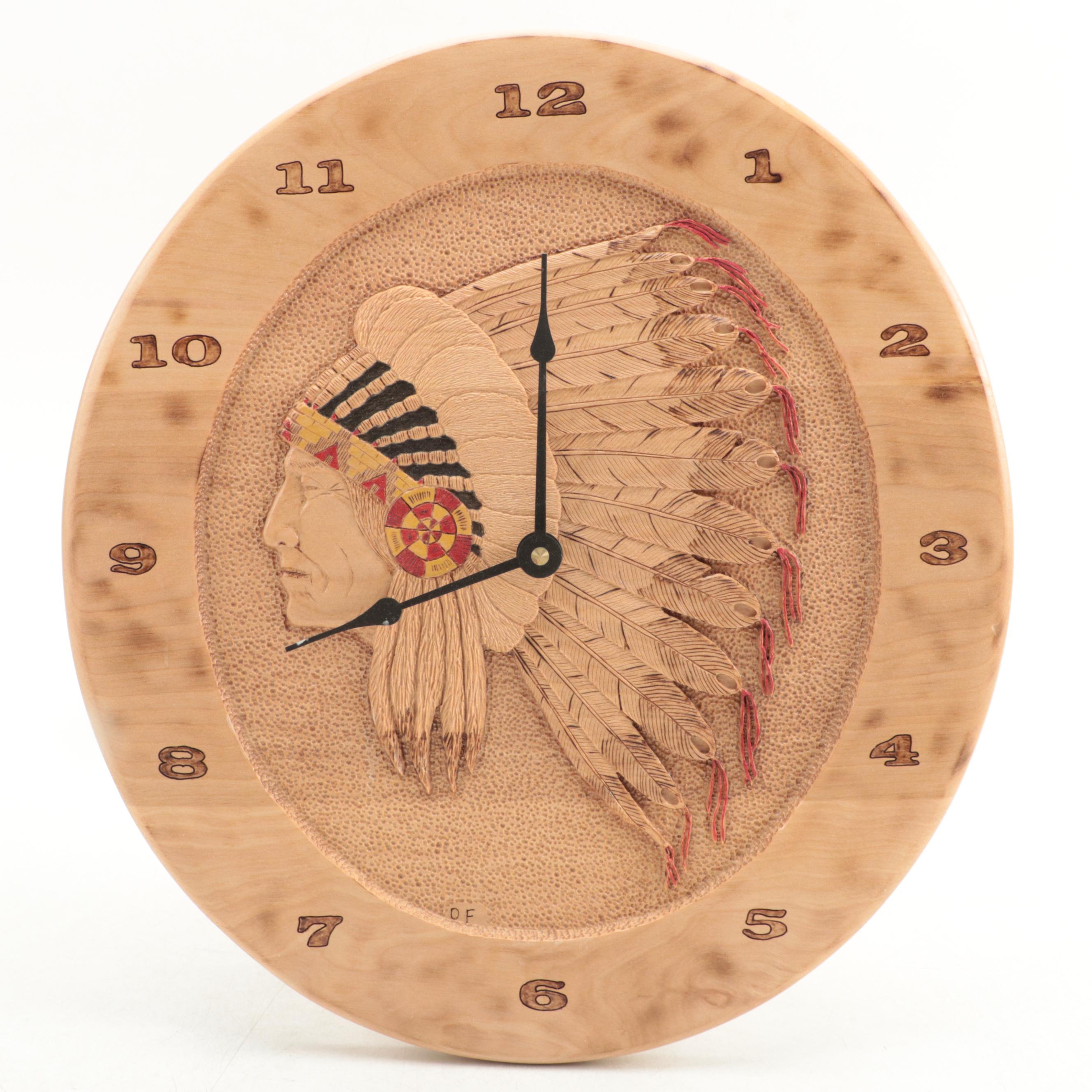 Pyrography Wooden Clock and Bowls with Other Carved Wood Décor
