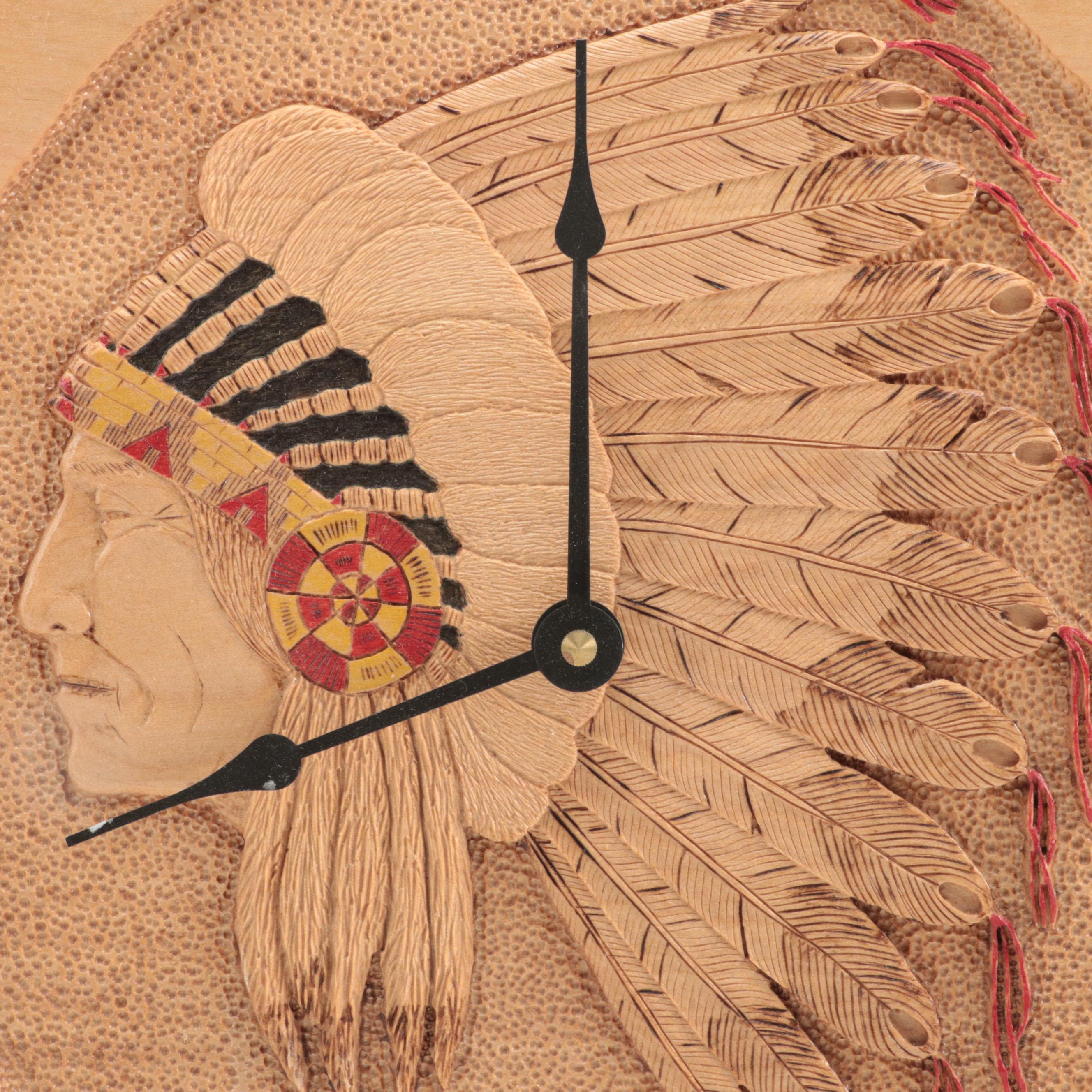 Pyrography Wooden Clock and Bowls with Other Carved Wood Décor