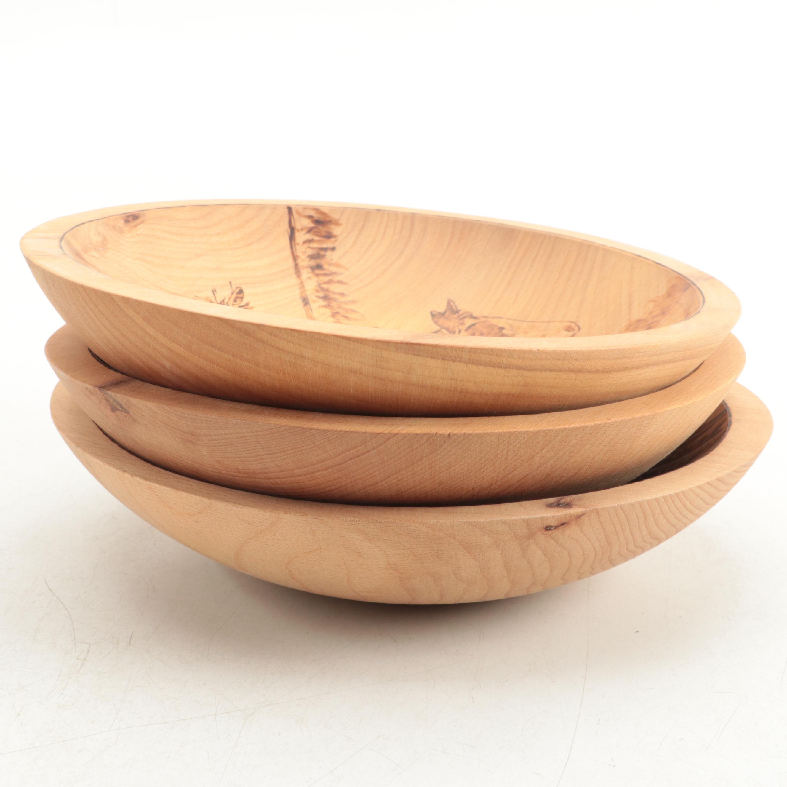 Pyrography Wooden Clock and Bowls with Other Carved Wood Décor