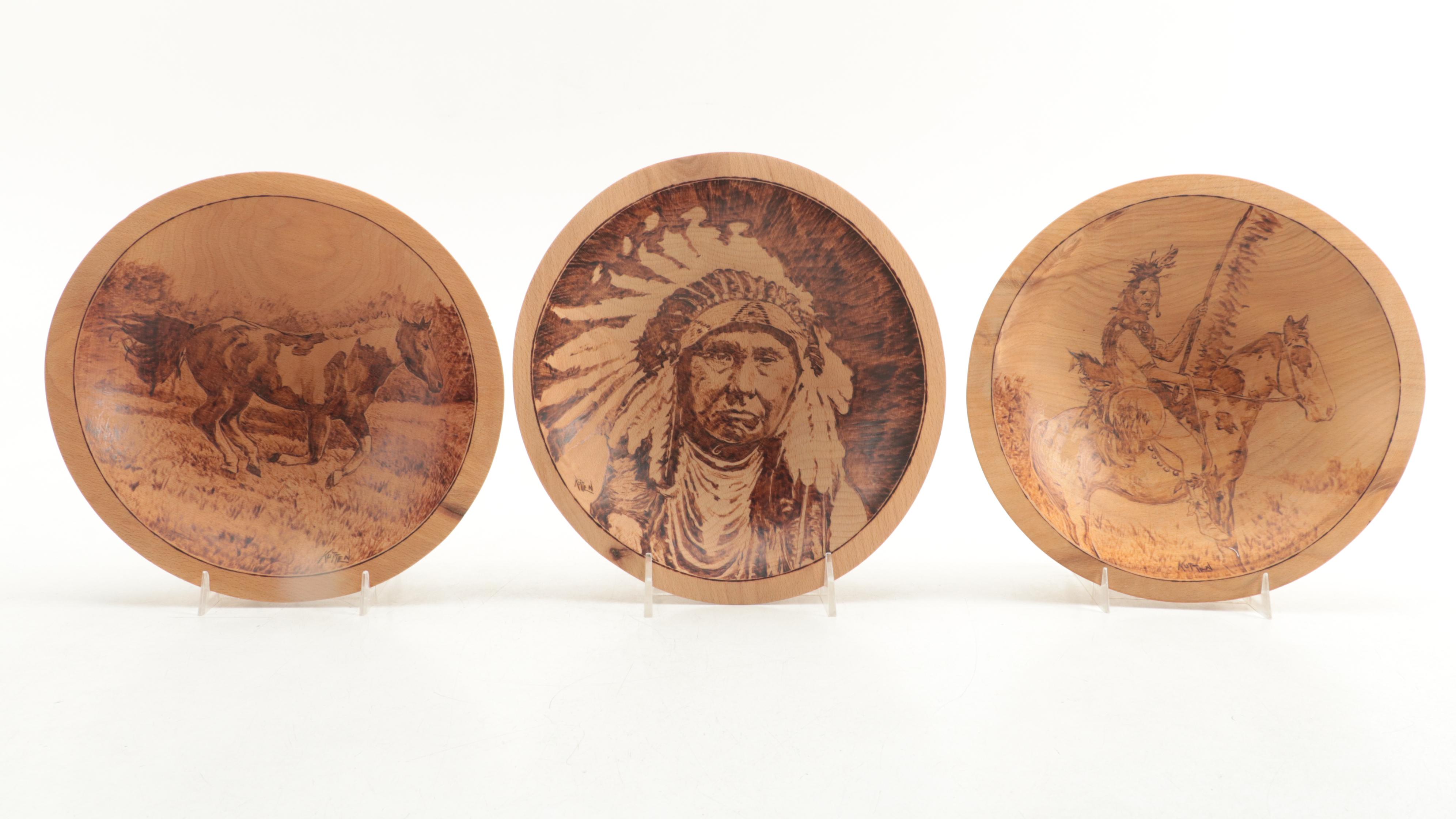 Pyrography Wooden Clock and Bowls with Other Carved Wood Décor