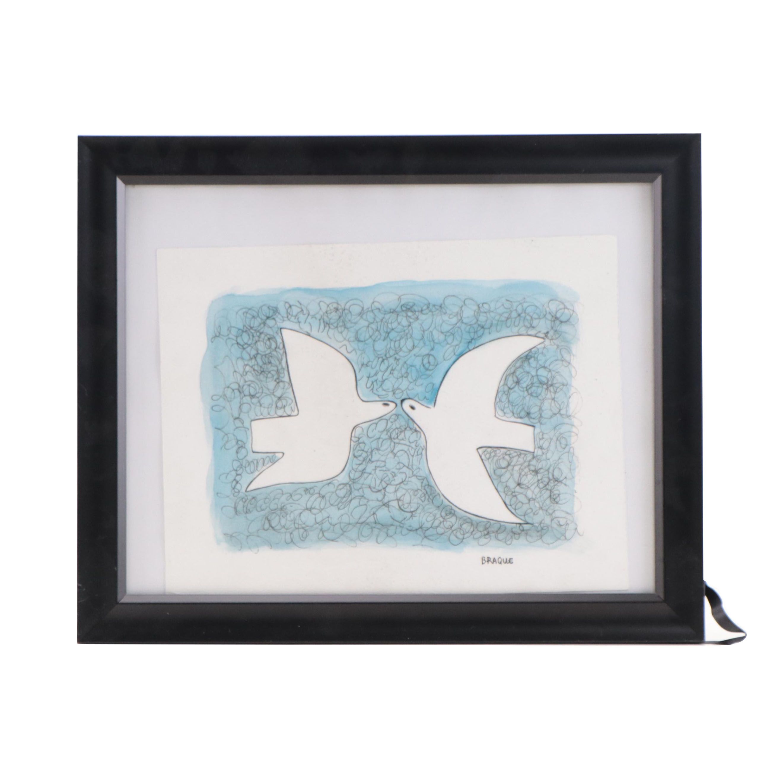 Ink and Watercolor Drawing After Georges Braque "Doves"