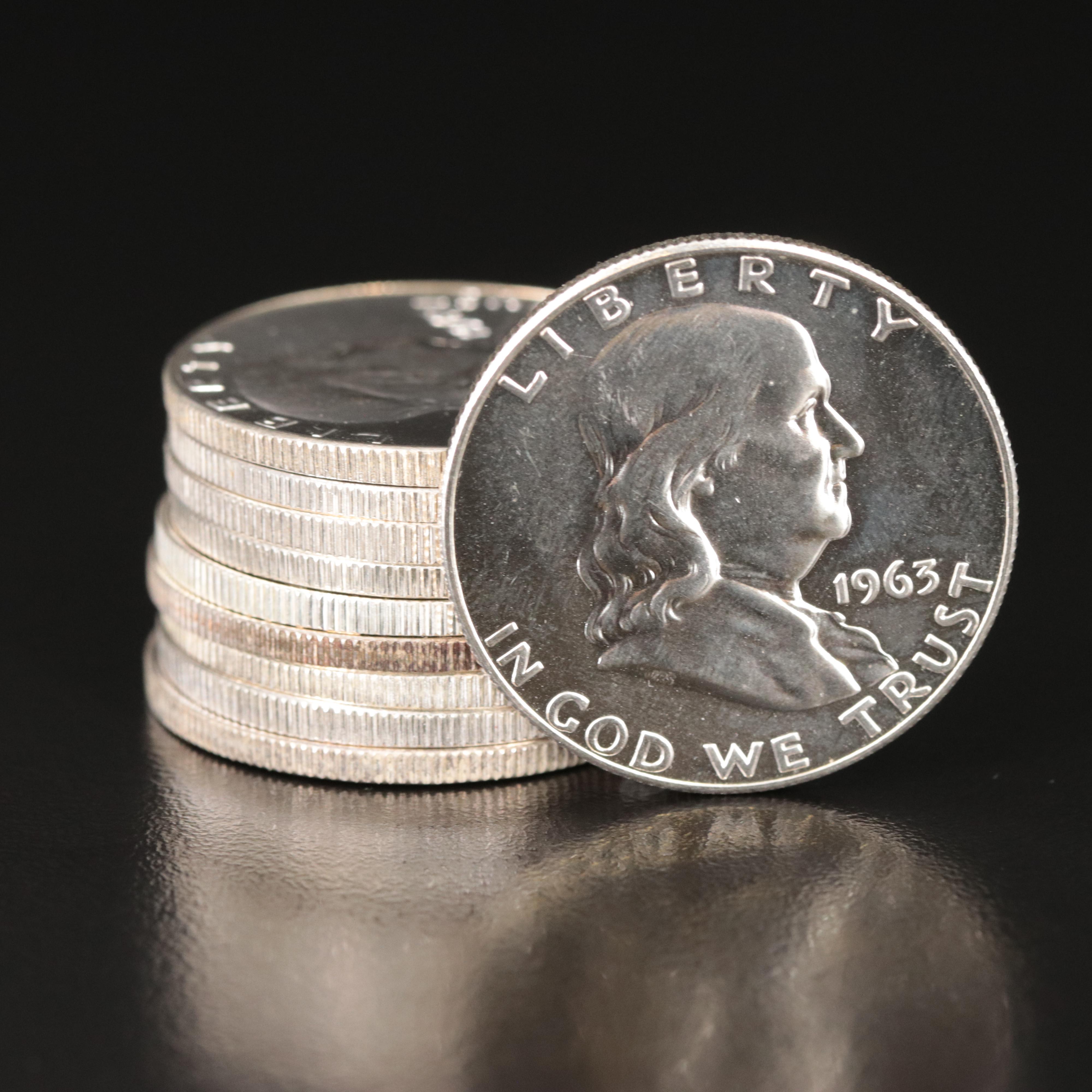 Ten 1962 and 1963 Proof 90% Silver Franklin Half Dollars