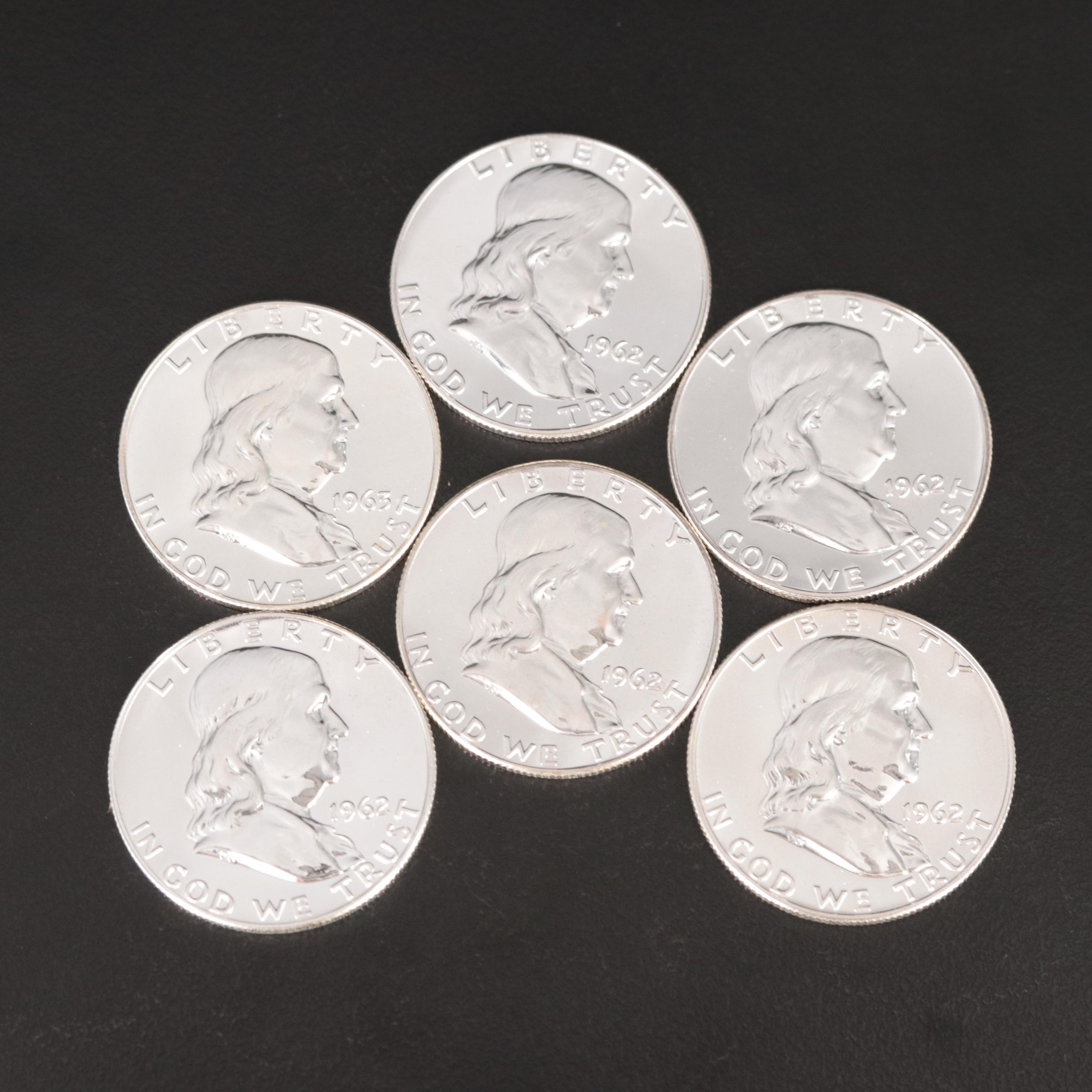 Ten 1962 and 1963 Proof 90% Silver Franklin Half Dollars