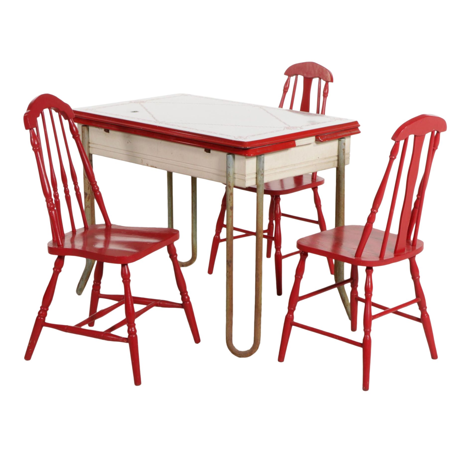 Red and White-Painted Enamel Top Dinette Table with Three Wooden Chairs