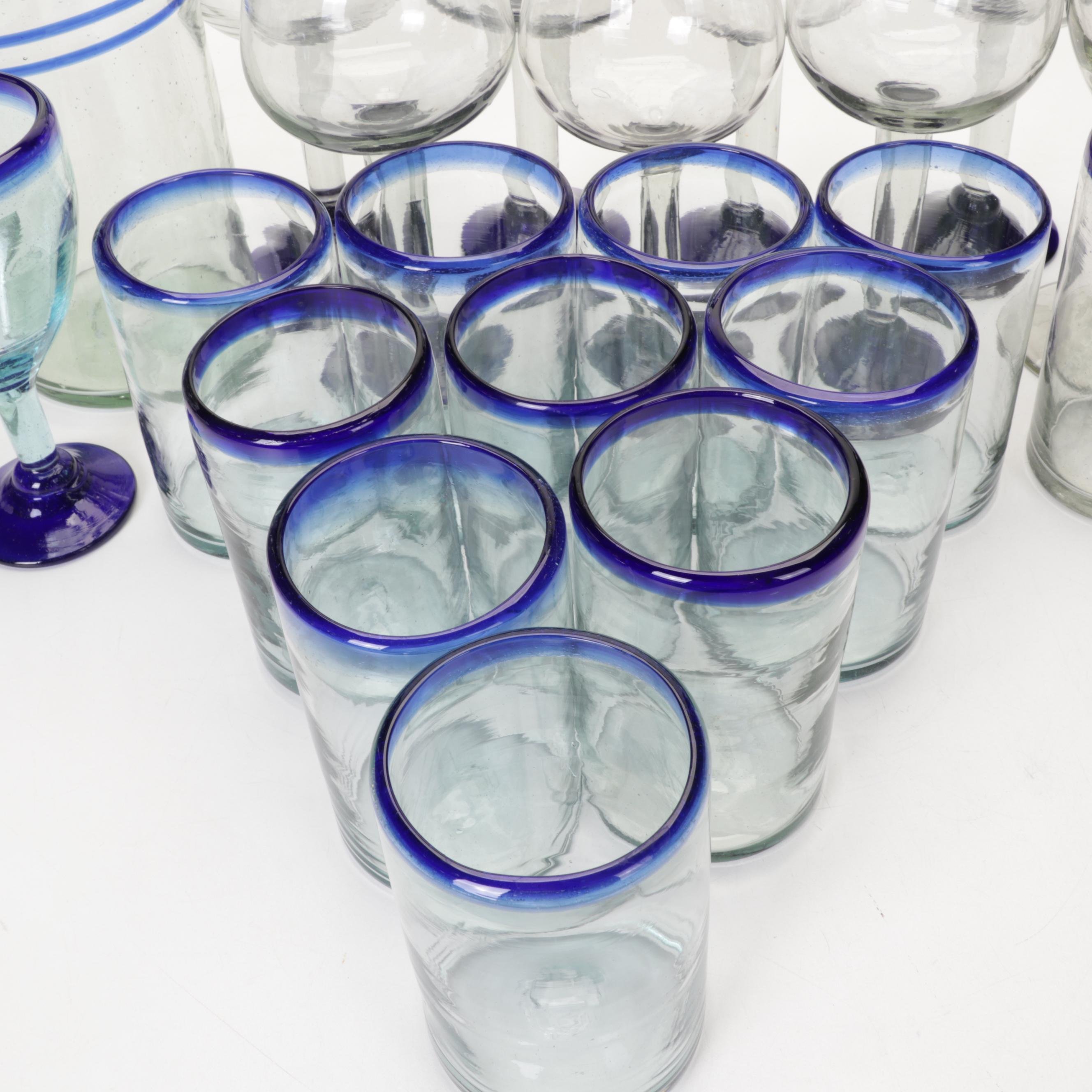 Blown Glass Cobalt Blue Rimmed Glassware and Pitcher