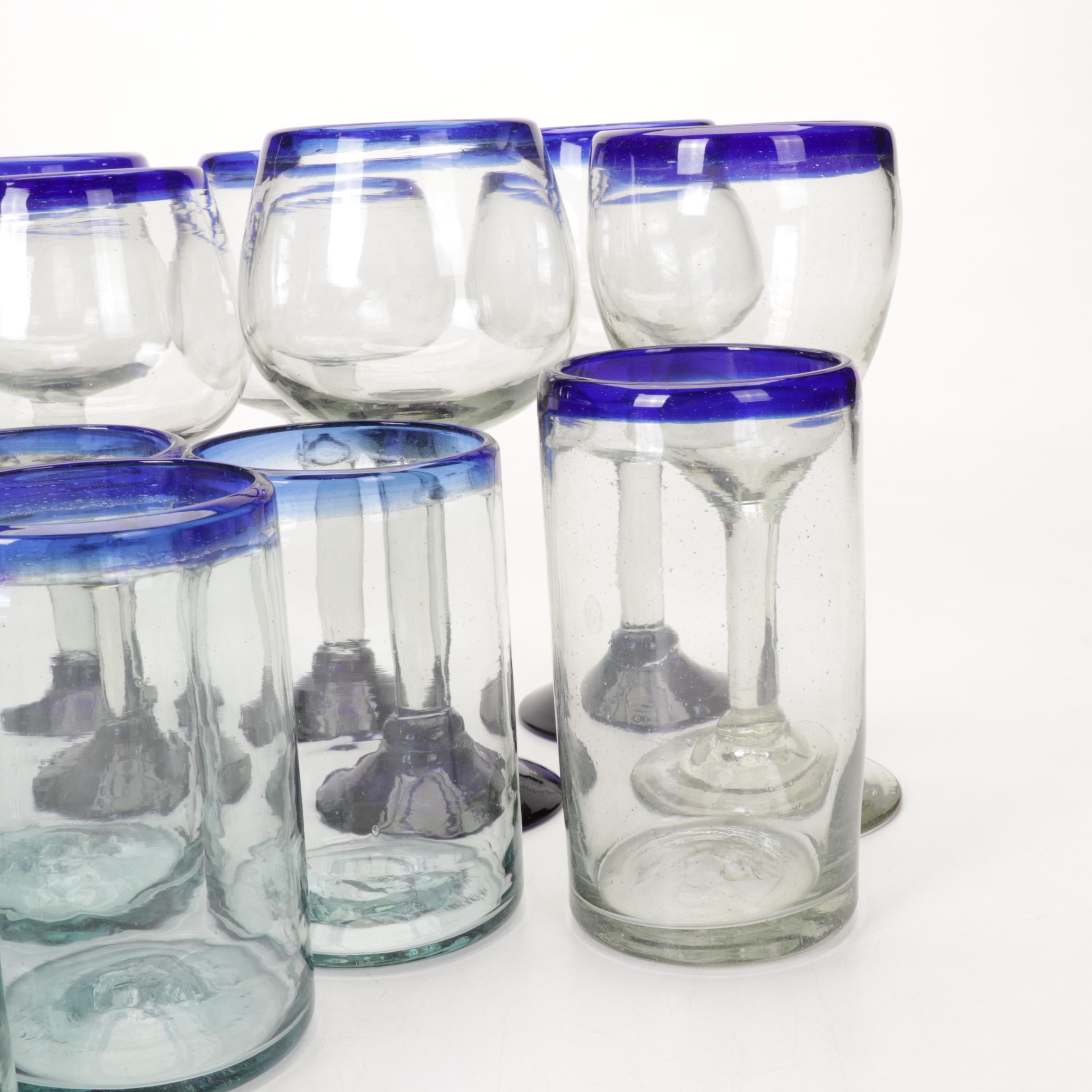 Blown Glass Cobalt Blue Rimmed Glassware and Pitcher