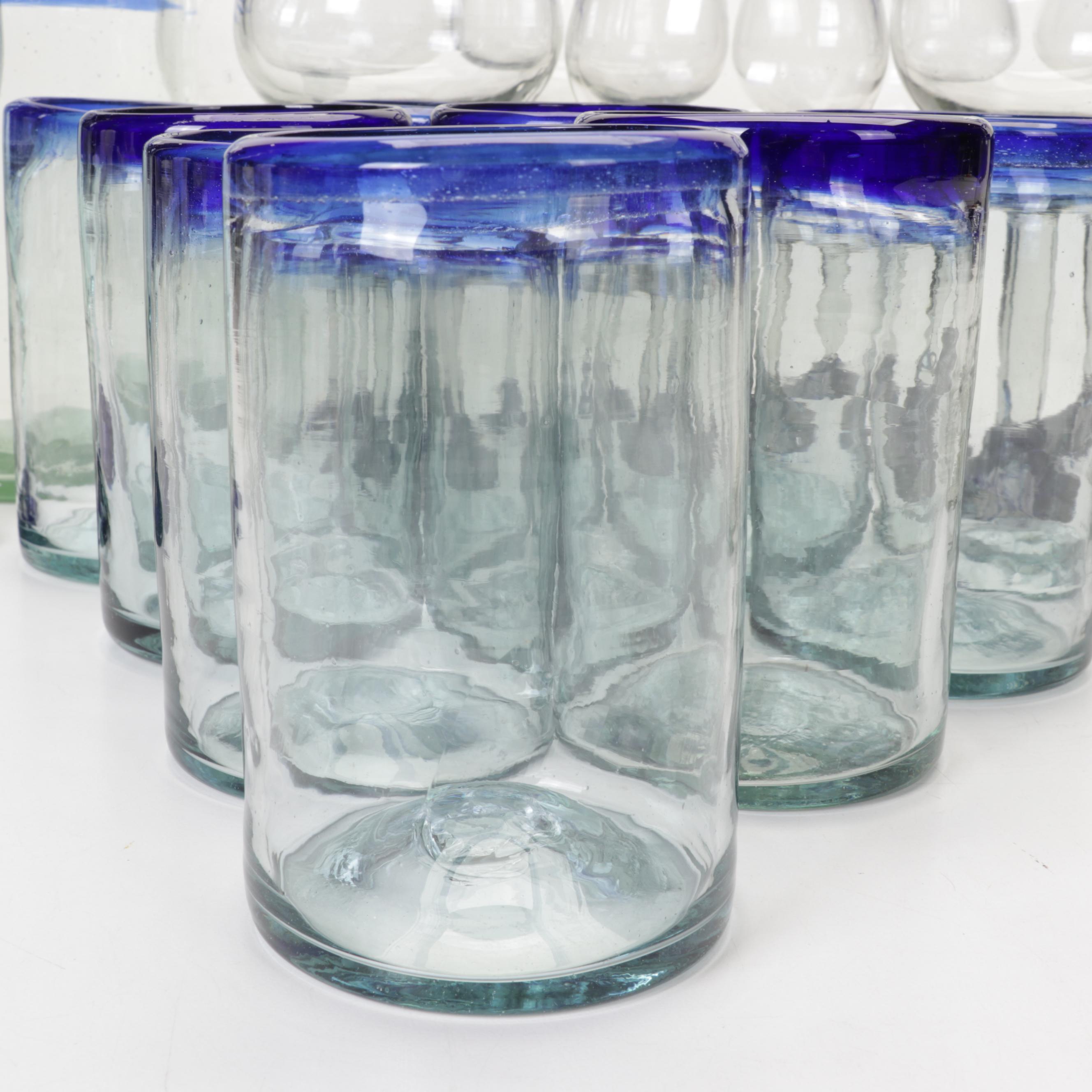 Blown Glass Cobalt Blue Rimmed Glassware and Pitcher