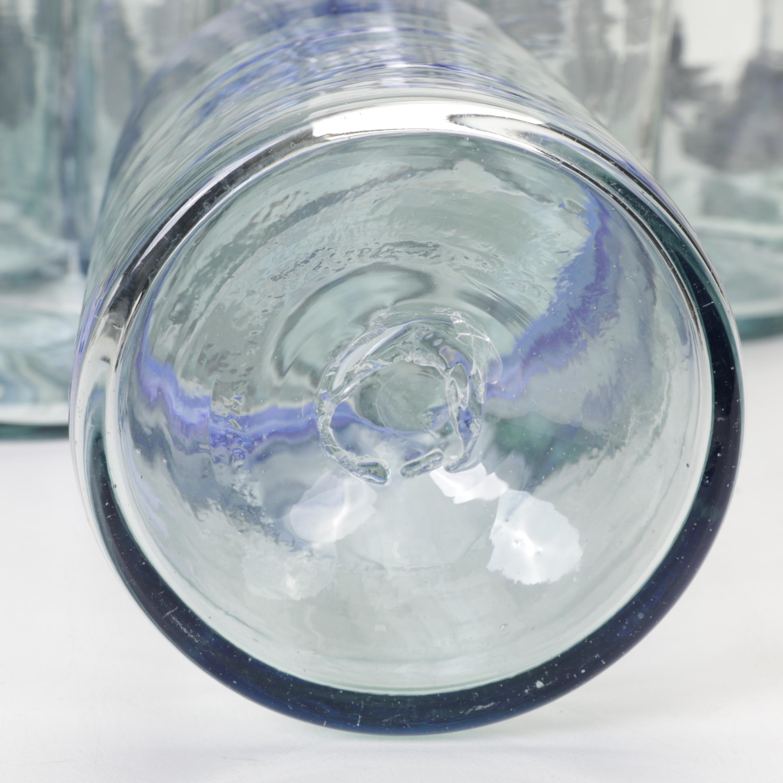 Blown Glass Cobalt Blue Rimmed Glassware and Pitcher