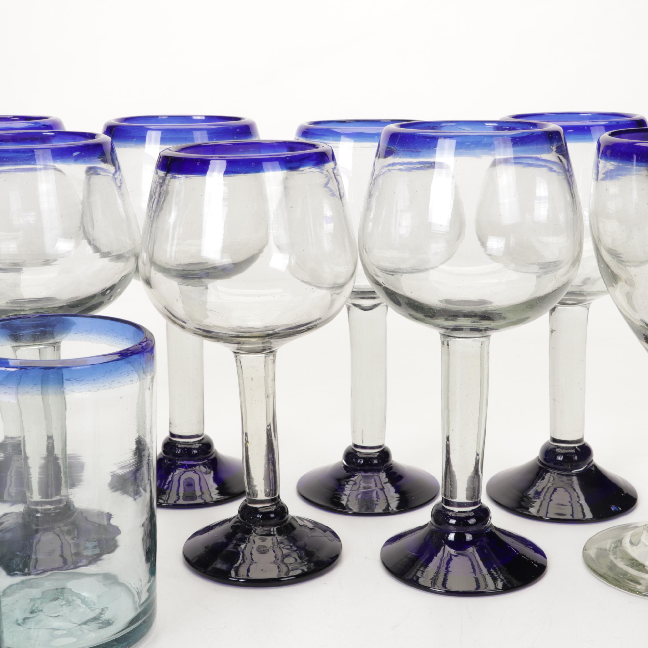 Blown Glass Cobalt Blue Rimmed Glassware and Pitcher