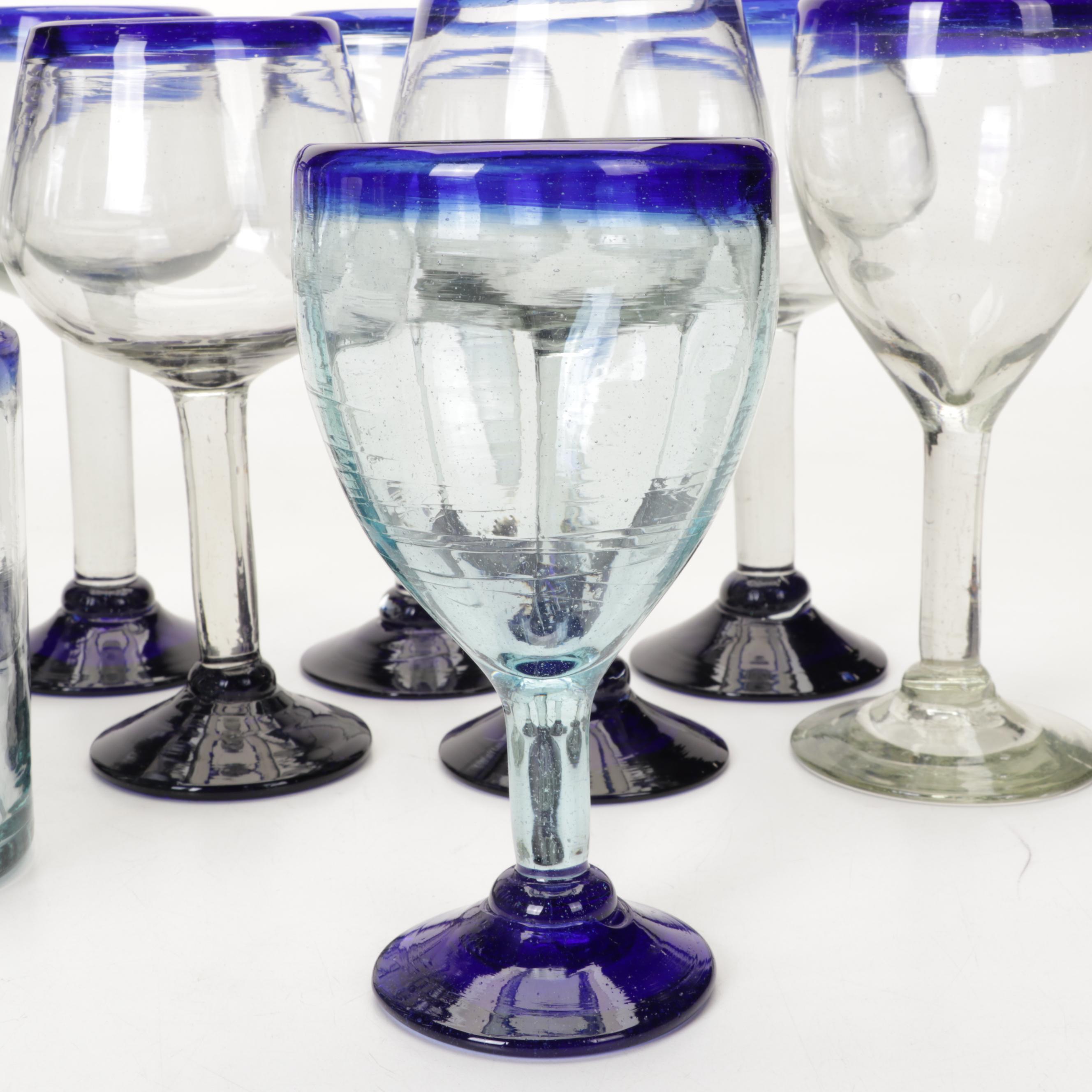 Blown Glass Cobalt Blue Rimmed Glassware and Pitcher