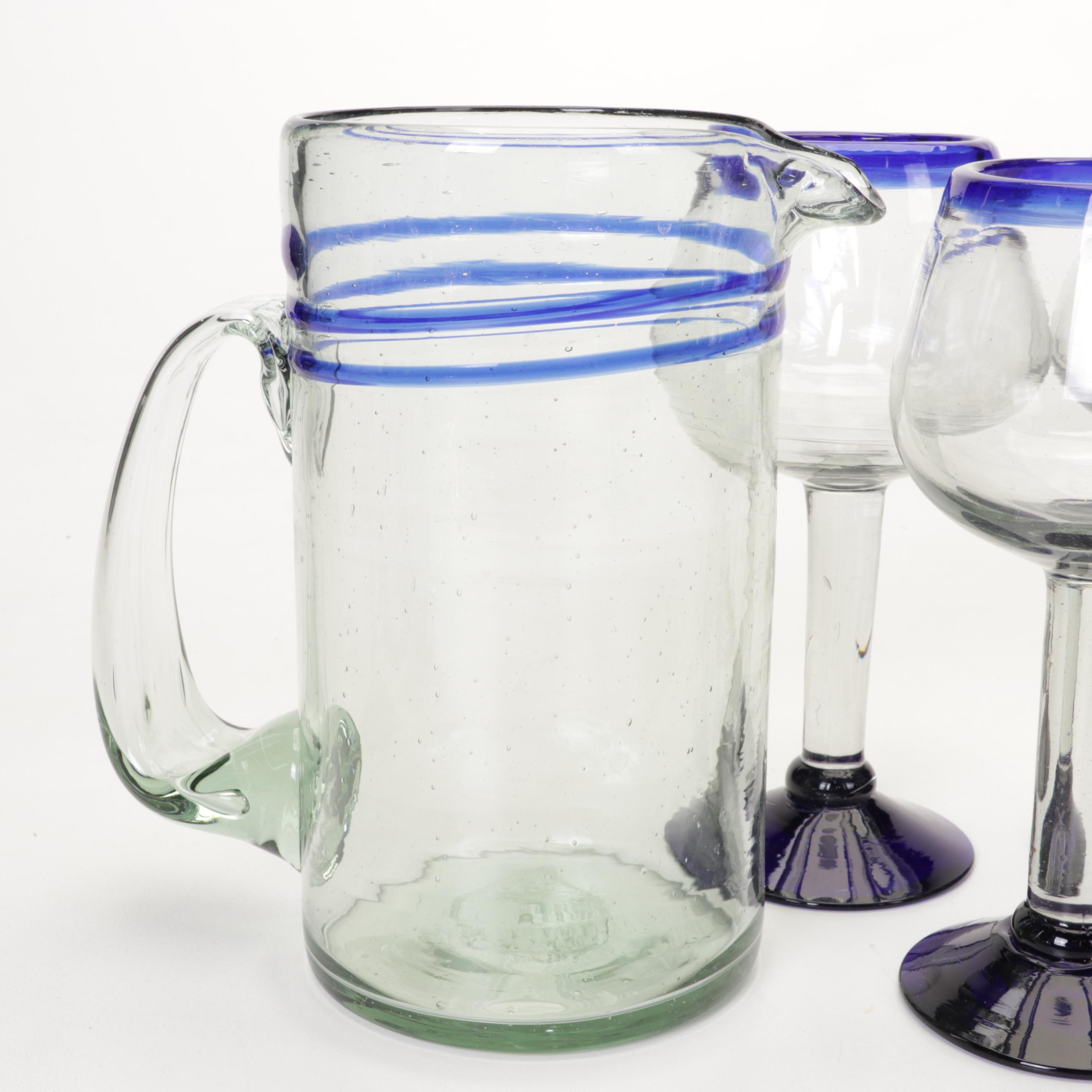 Blown Glass Cobalt Blue Rimmed Glassware and Pitcher