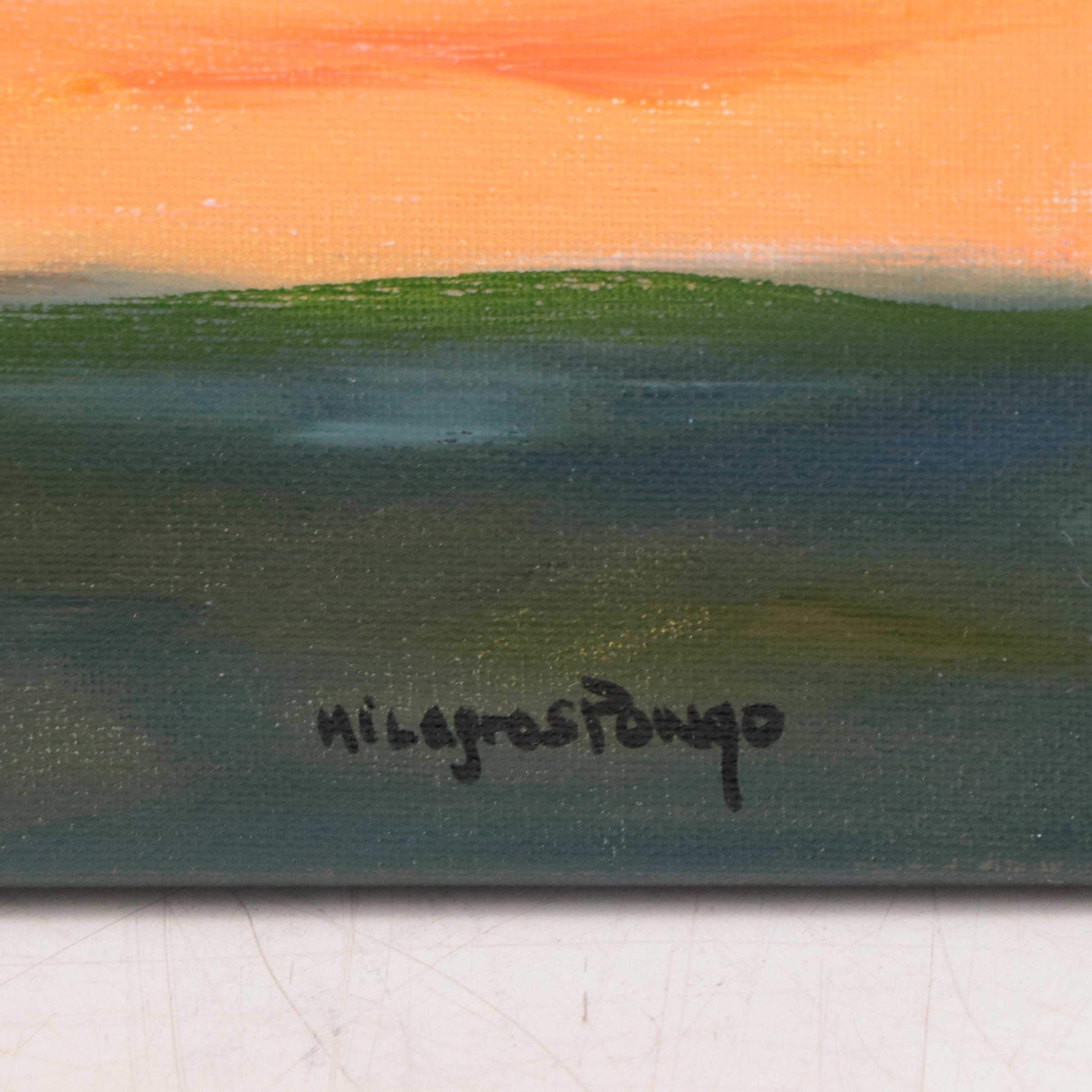 Milagros Pongo Landscape Mixed Media Painting "Red Sky," 21st Century