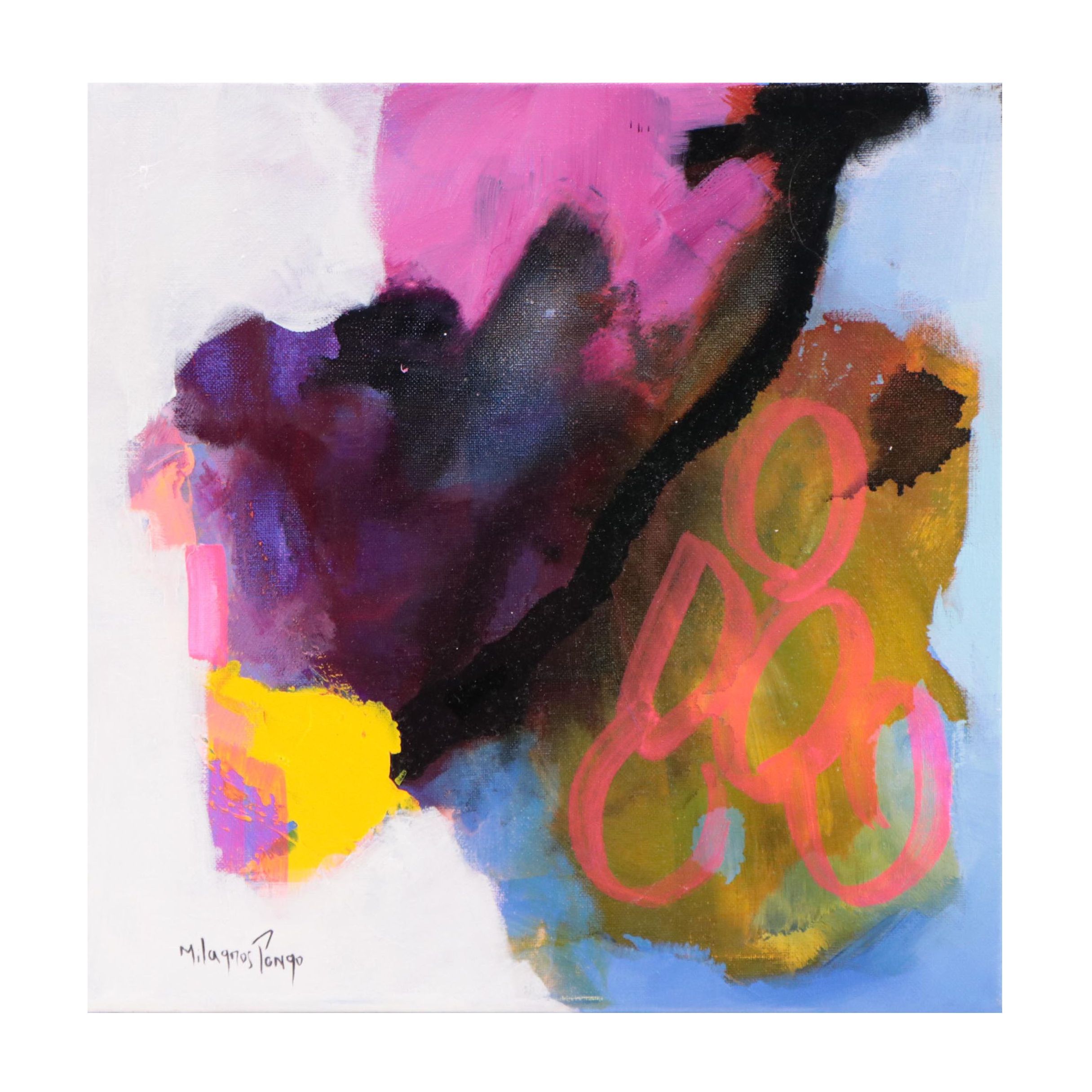 Milagros Pongo Mixed Media Painting "Fushia," 21st Century