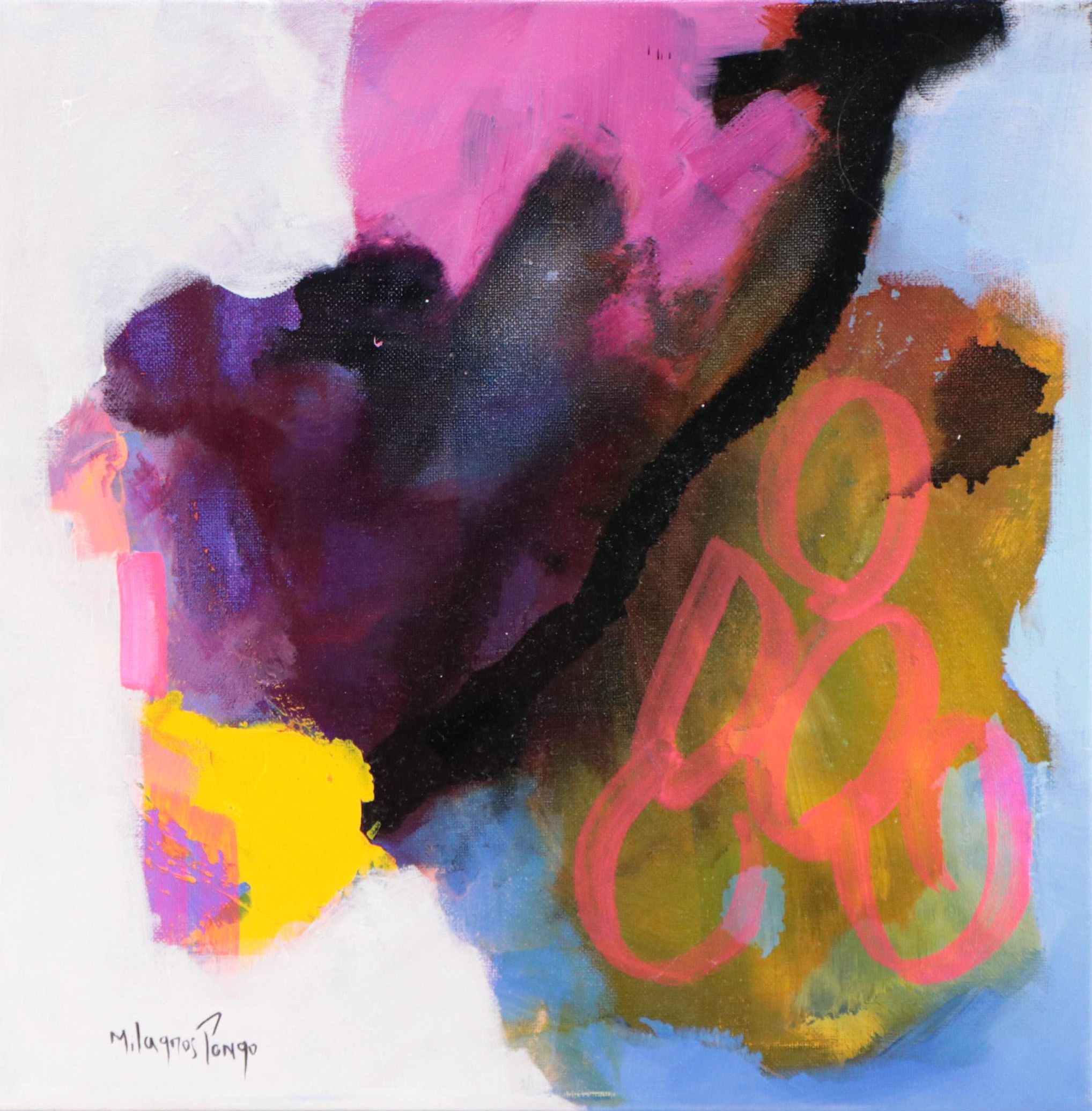 Milagros Pongo Mixed Media Painting "Fushia," 21st Century